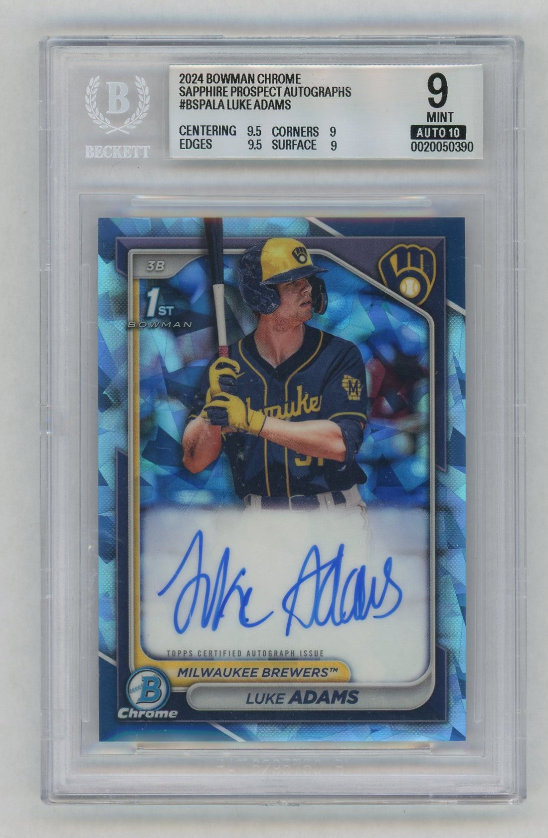 2024 Bowman Chrome Sapphire #BPA-LA Luke Adams 1st Rookie RC Auto BGS 9