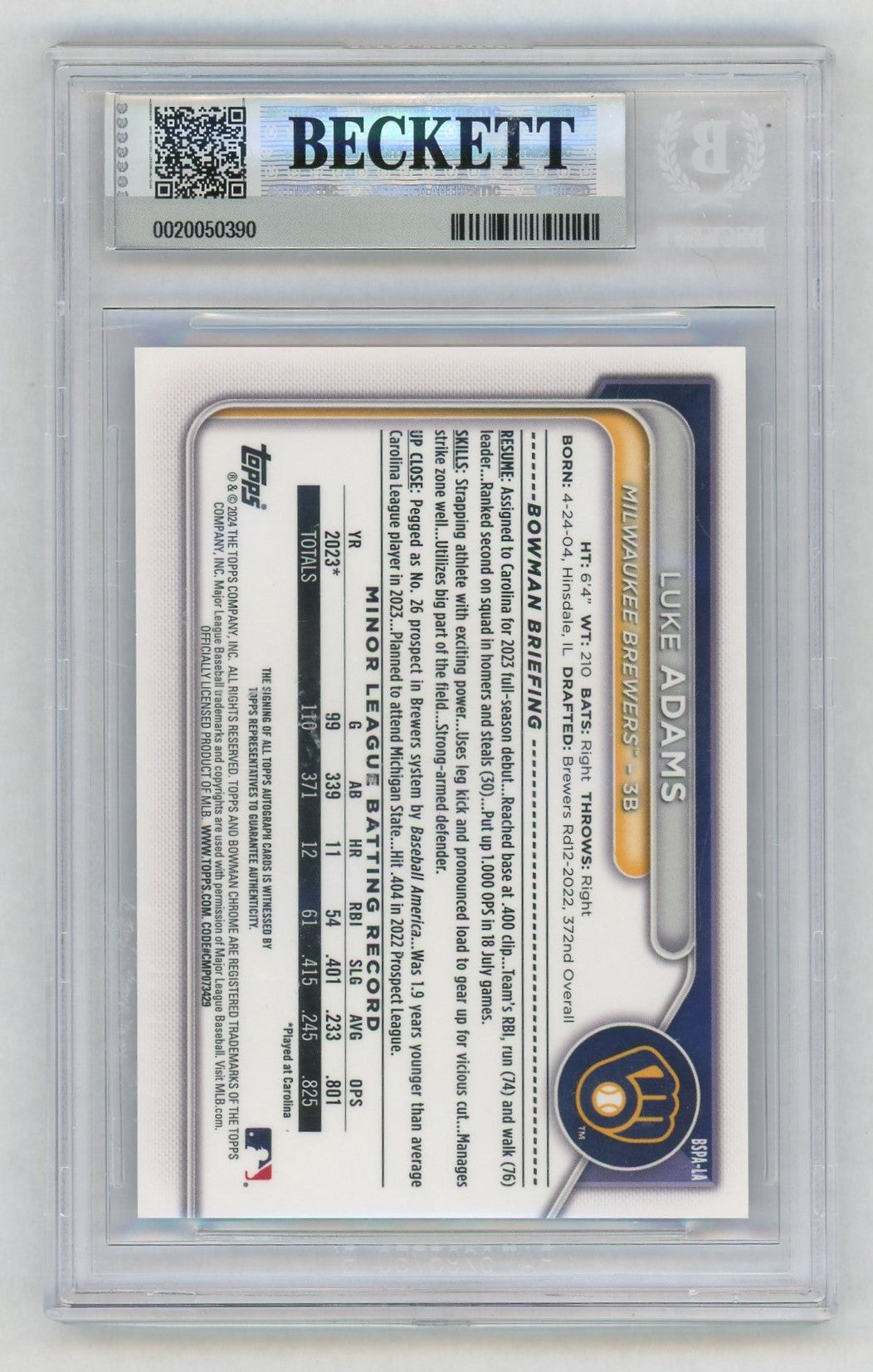 2024 Bowman Chrome Sapphire #BPA-LA Luke Adams 1st Rookie RC Auto BGS 9