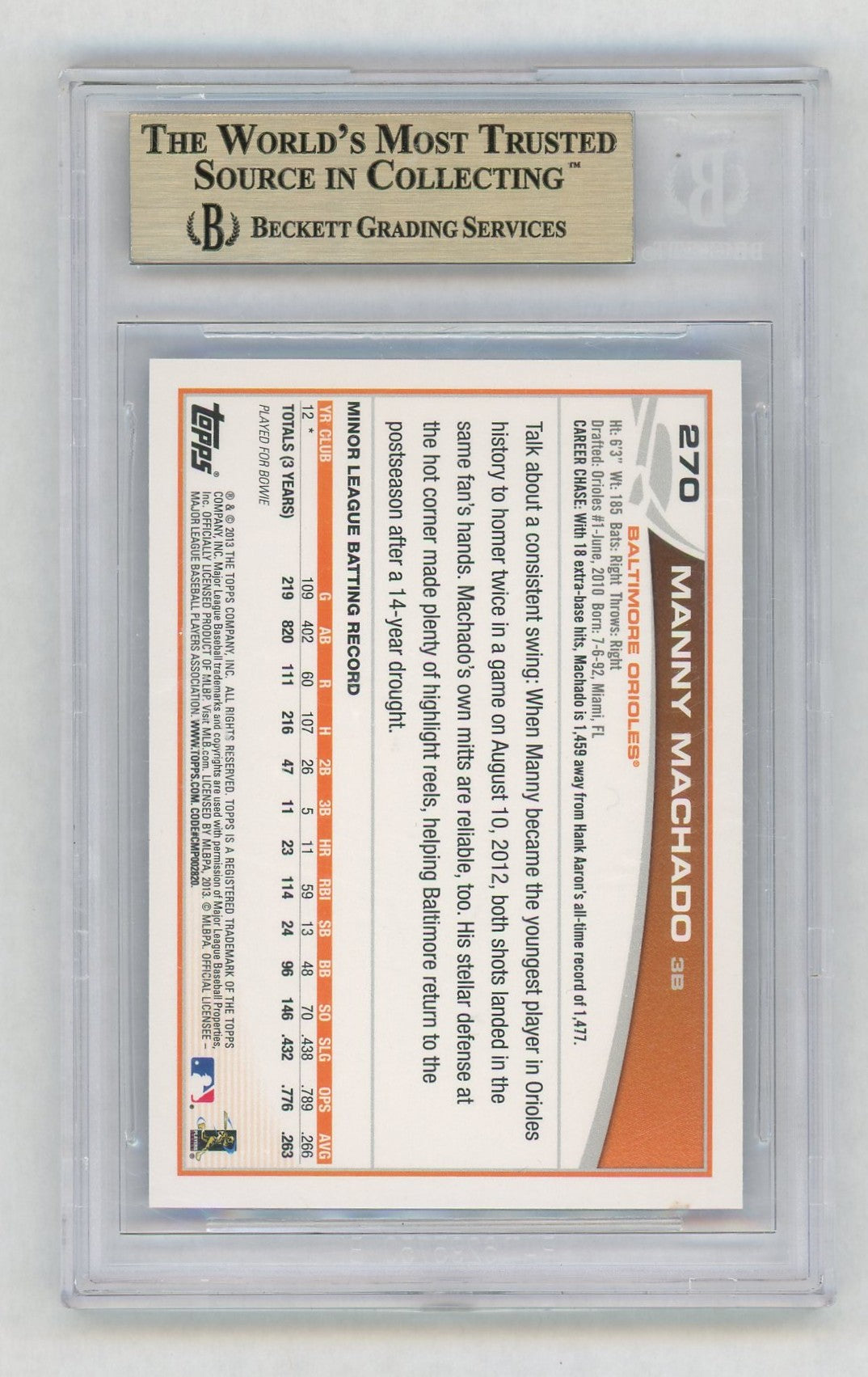 2013 Topps #270 Manny Machado Rookie RC Silver Slate Blue Sparkle Wrapper Redemption SP BGS 9.5