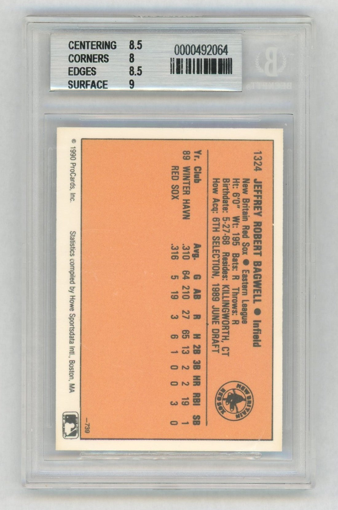 1990 Pro Cards New Britain Red Sox Jeff Bagwell #1324 /492064 BGS 8.5