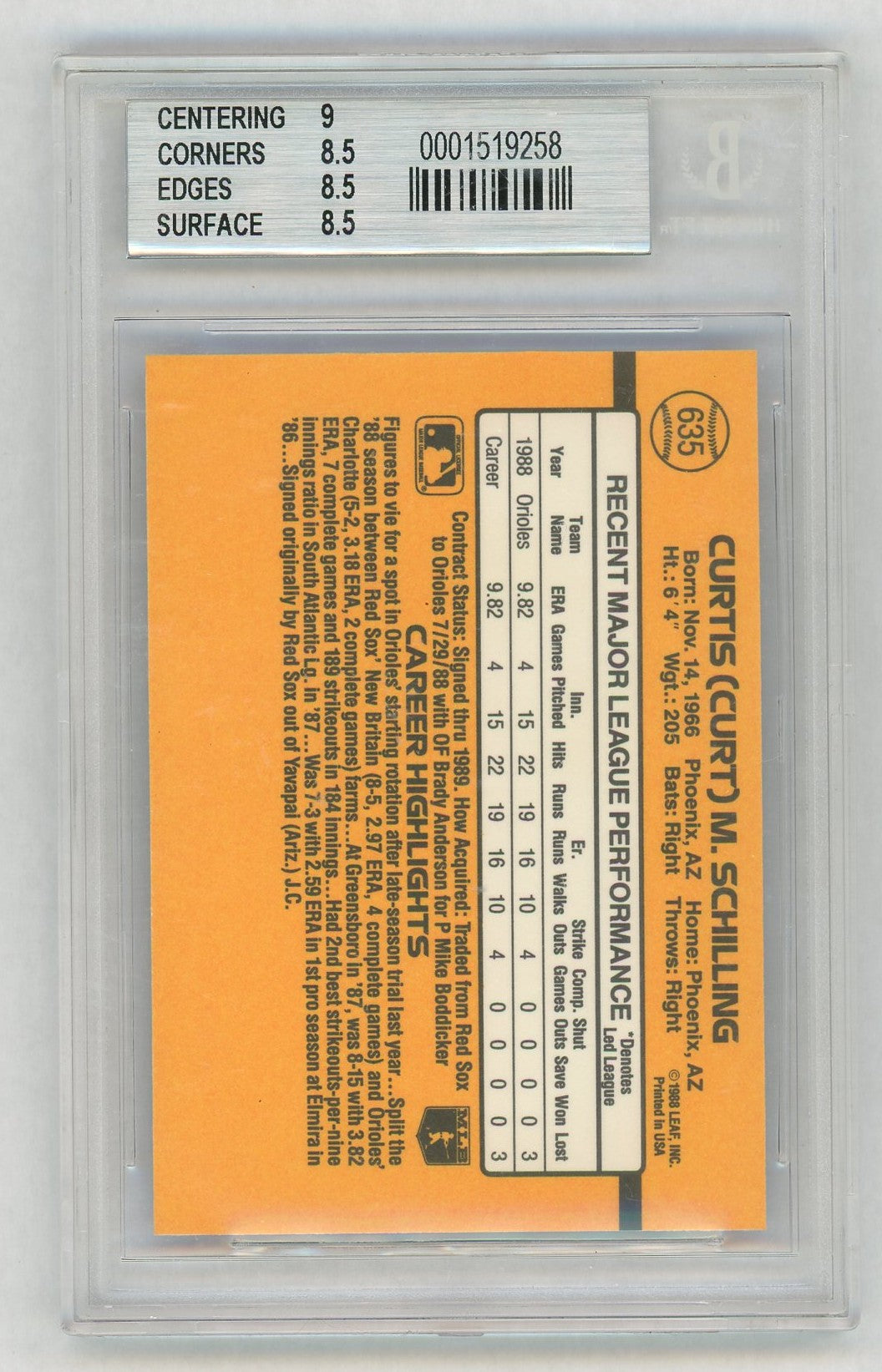 1989 Donruss Curt Schilling #635 BGS 8.5