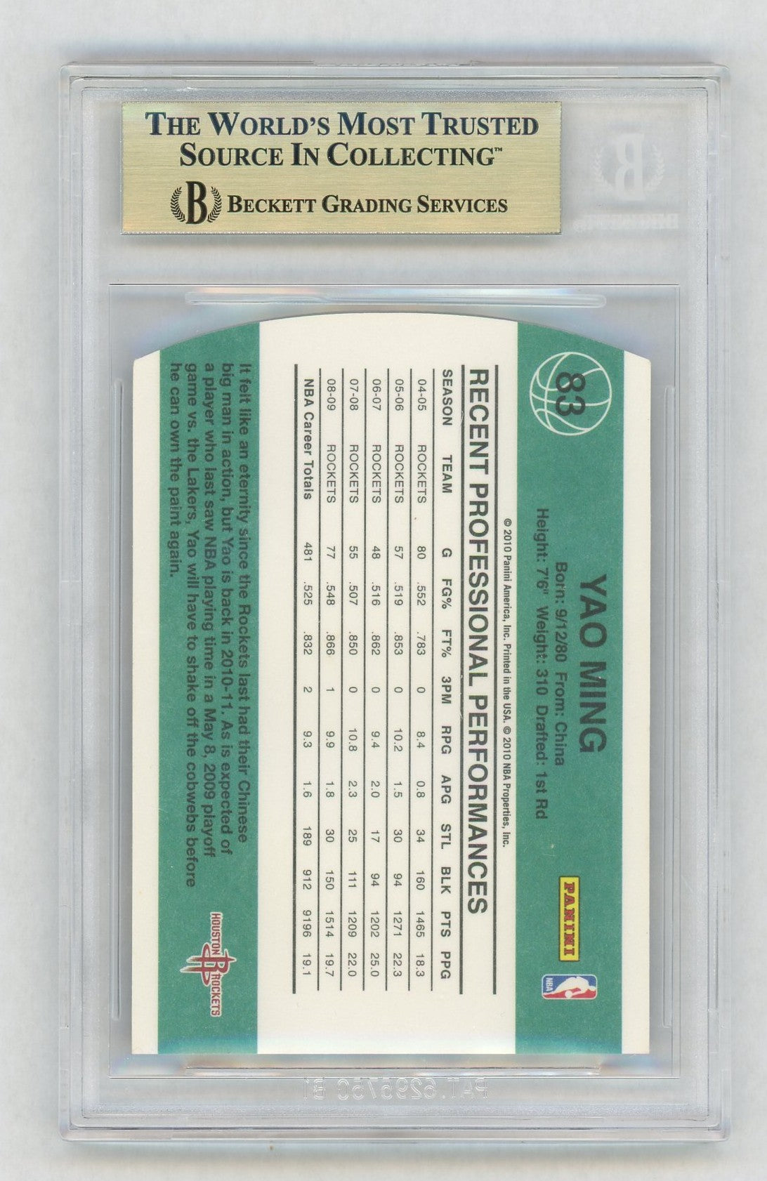 2010 Donruss #83 Yao Ming Emerald Die-Cuts BGS 9.5