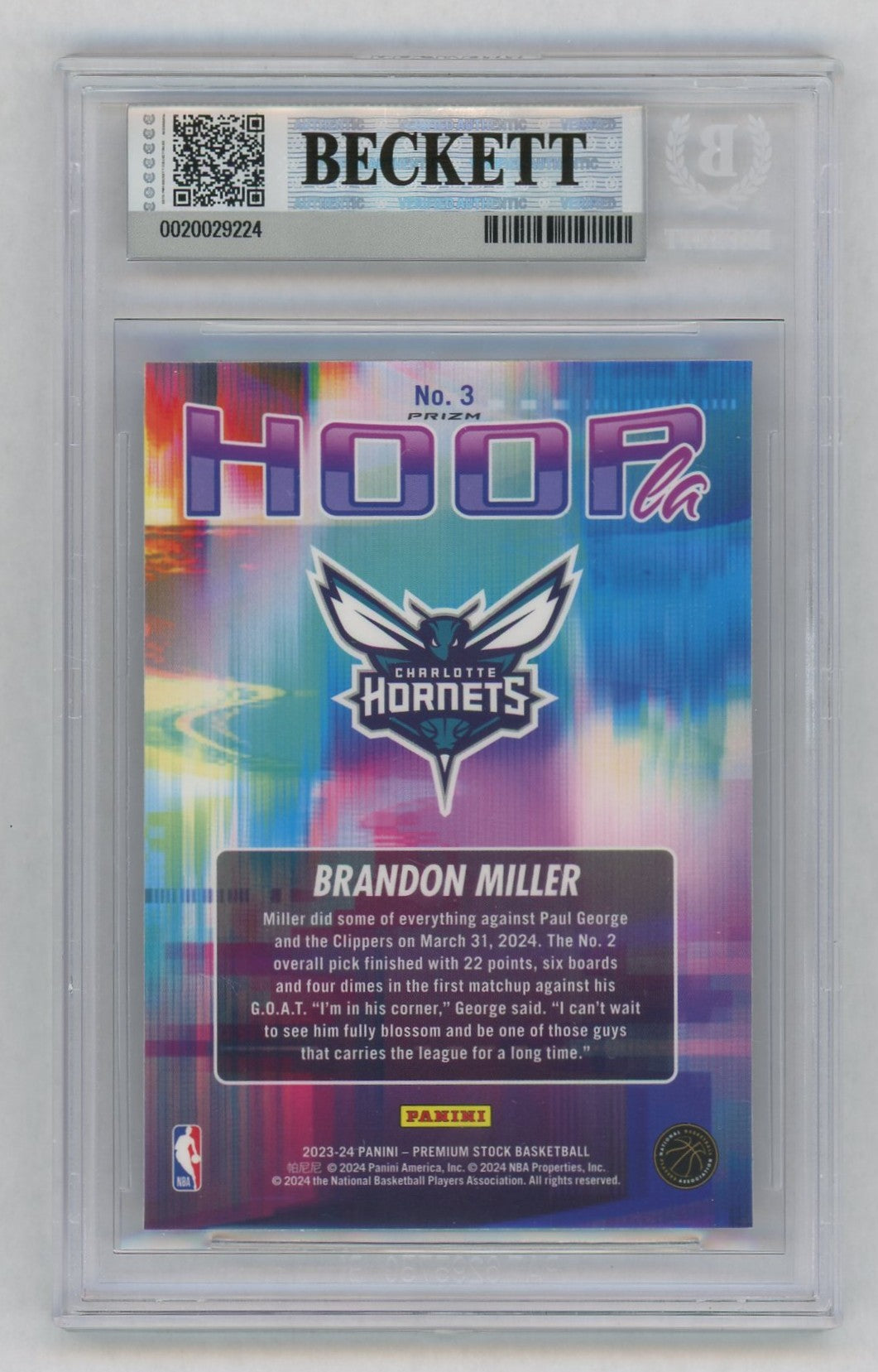 2023 NBA Hoops Premium Stock #3 Brandon Miller Silver Hoopla Rookie RC BGS 9