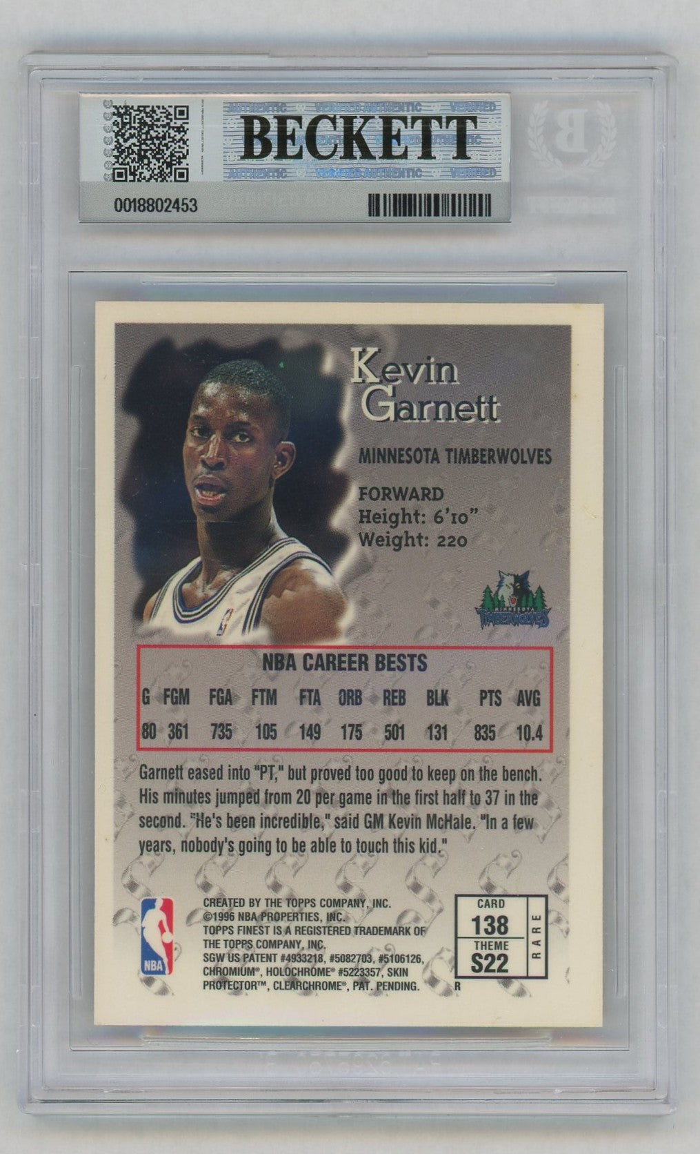 1996-97 Finest #138 Kevin Garnett Gold Sterling BGS 5