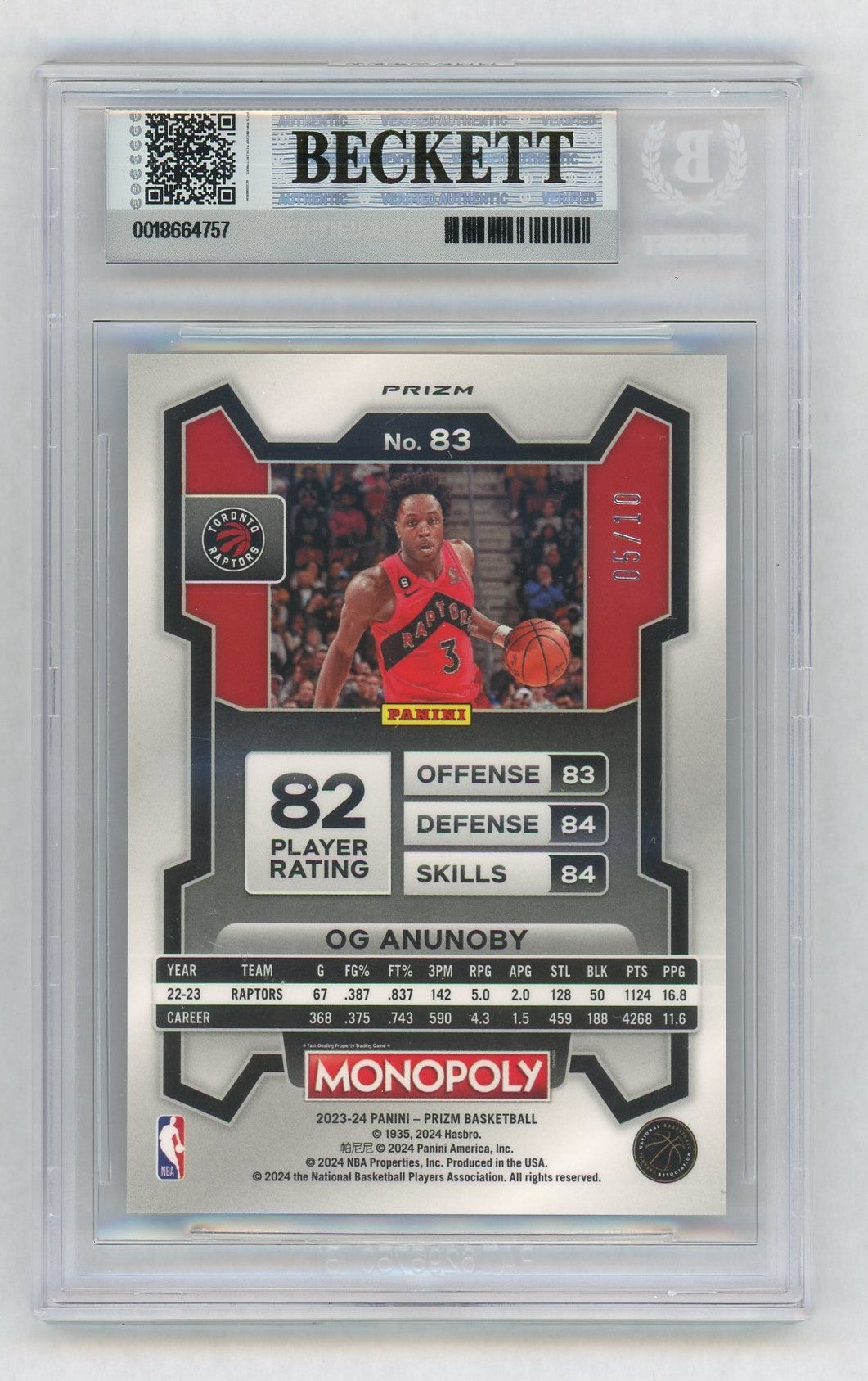 2023-24 Prizm Monopoly #83 OG Anunoby Neon Green SSP /10 BGS 9