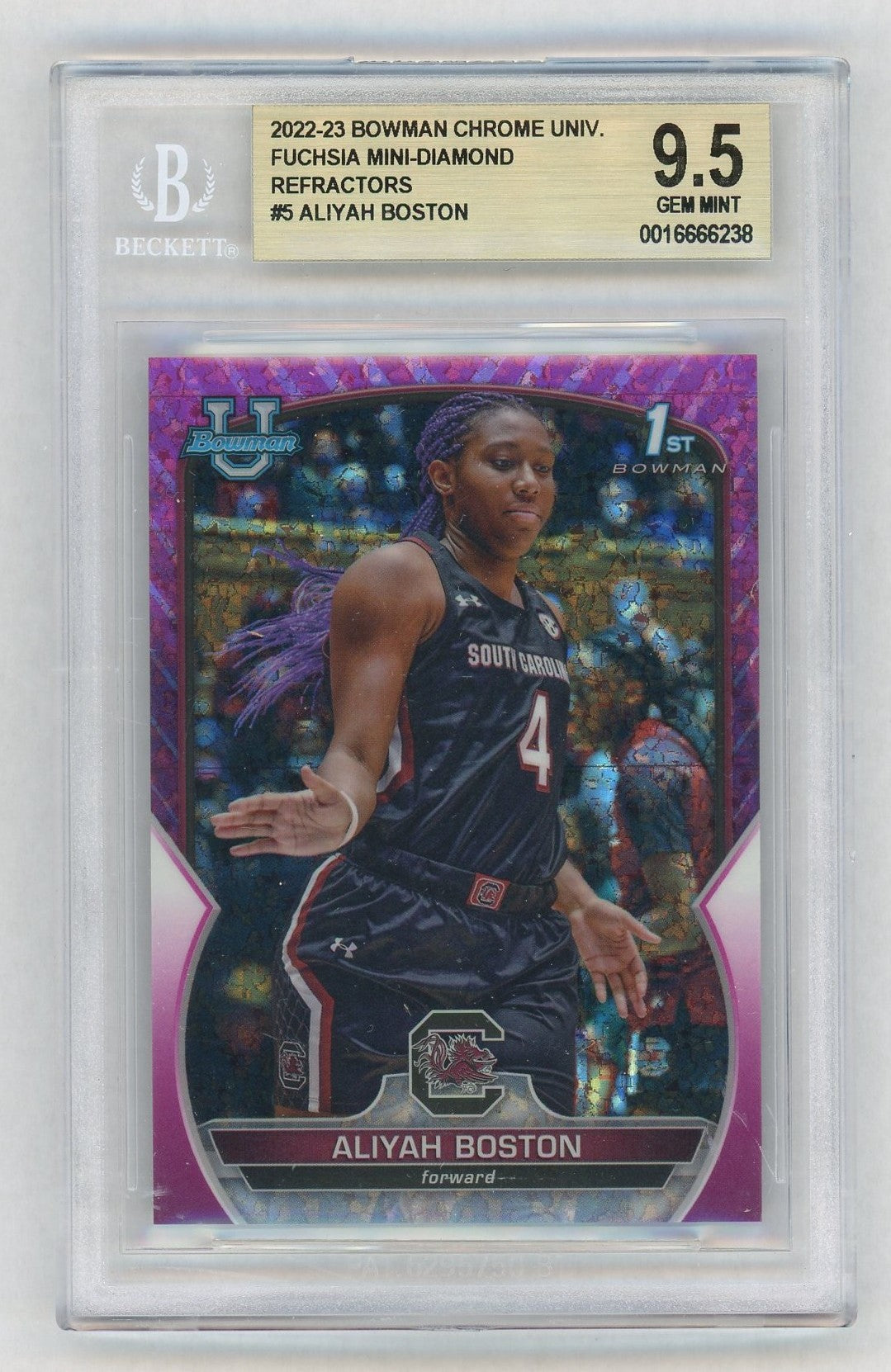 2022-23 Bowman Chrome U #5 Aliyah Boston 1st Rookie RC Fuchsia Mini-Diamond /150 BGS 9.5
