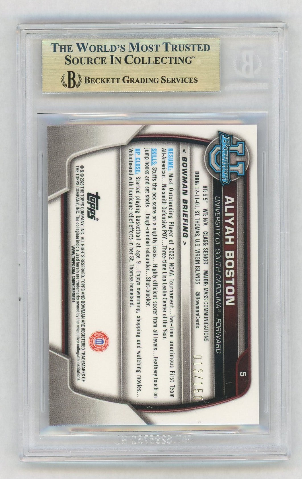 2022-23 Bowman Chrome U #5 Aliyah Boston 1st Rookie RC Fuchsia Mini-Diamond /150 BGS 9.5