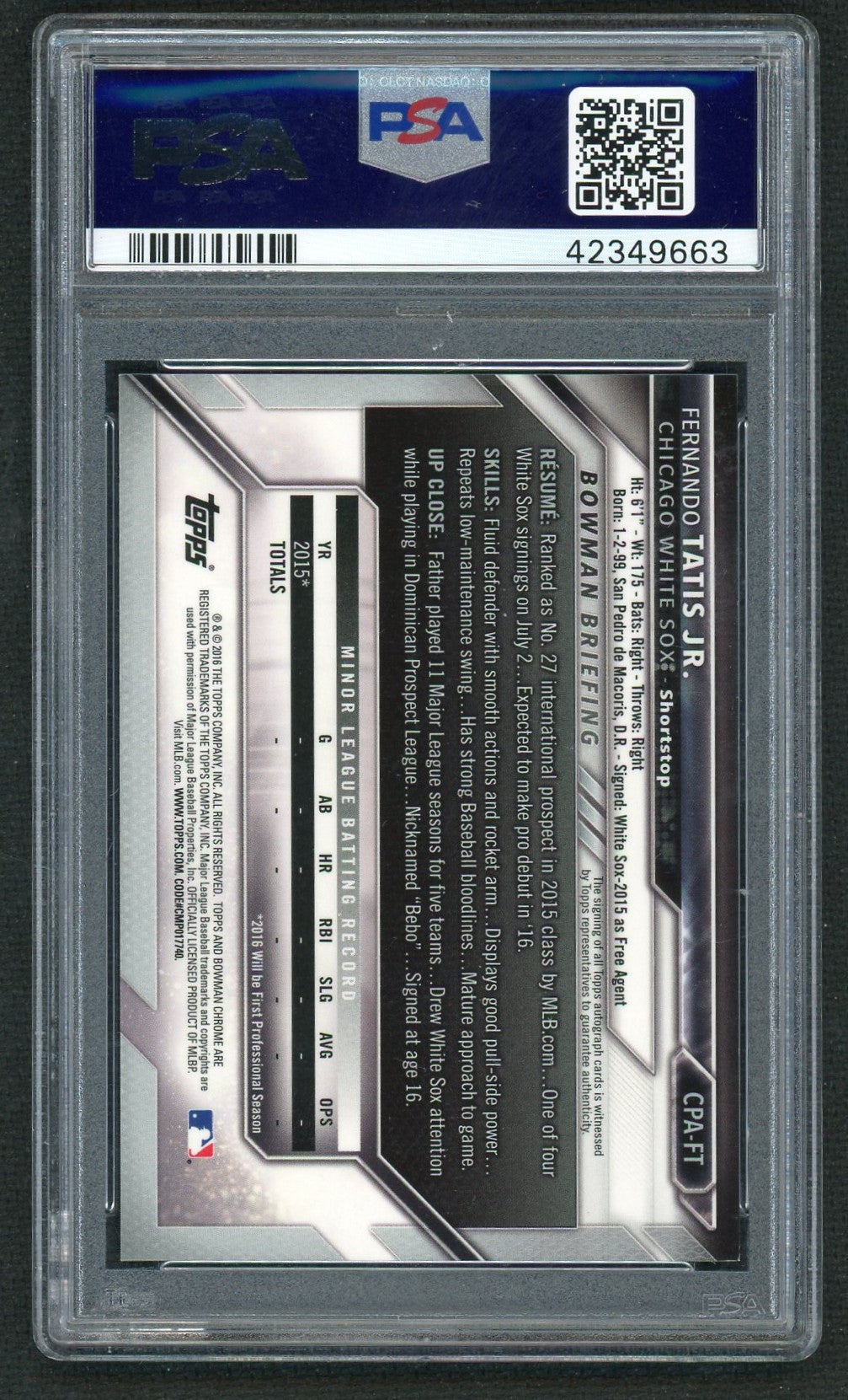 2016 Bowman Chrome Prospect Autograph Fernando Tatis Jr. #CPA-FT PSA 9