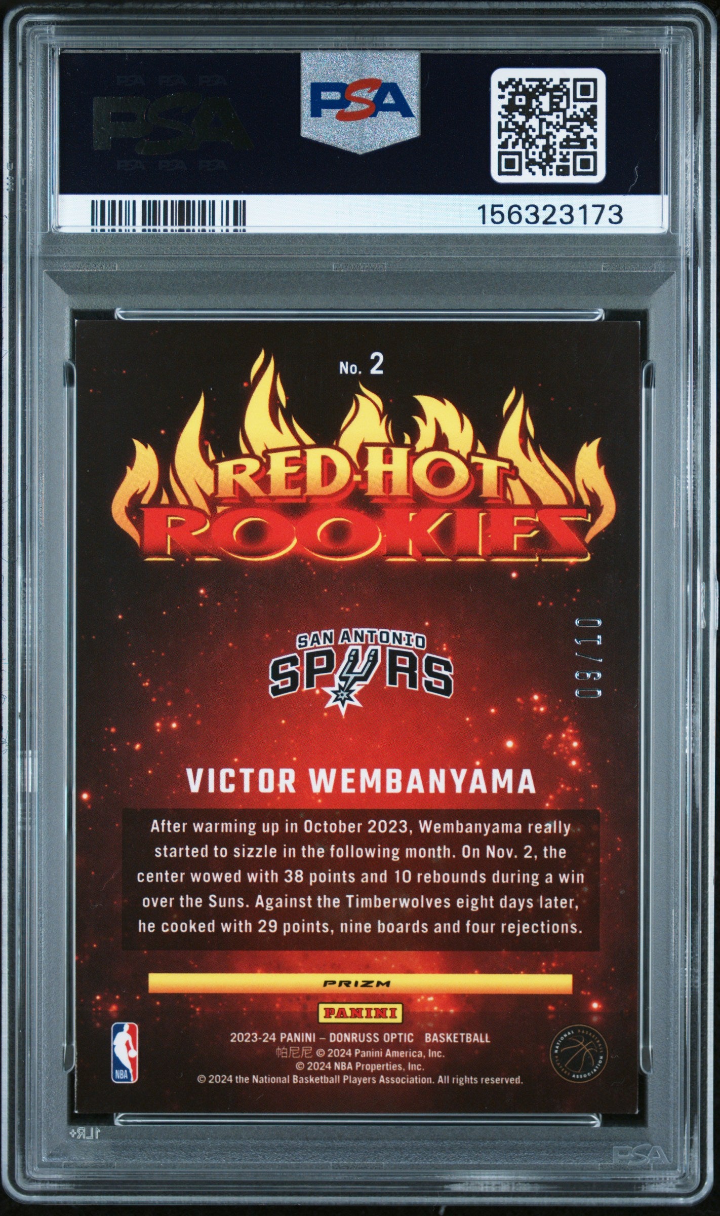 2023 Panini Donruss Optic Red Hot Rookies Gold Victor Wembanyama #2 /70 PSA 7