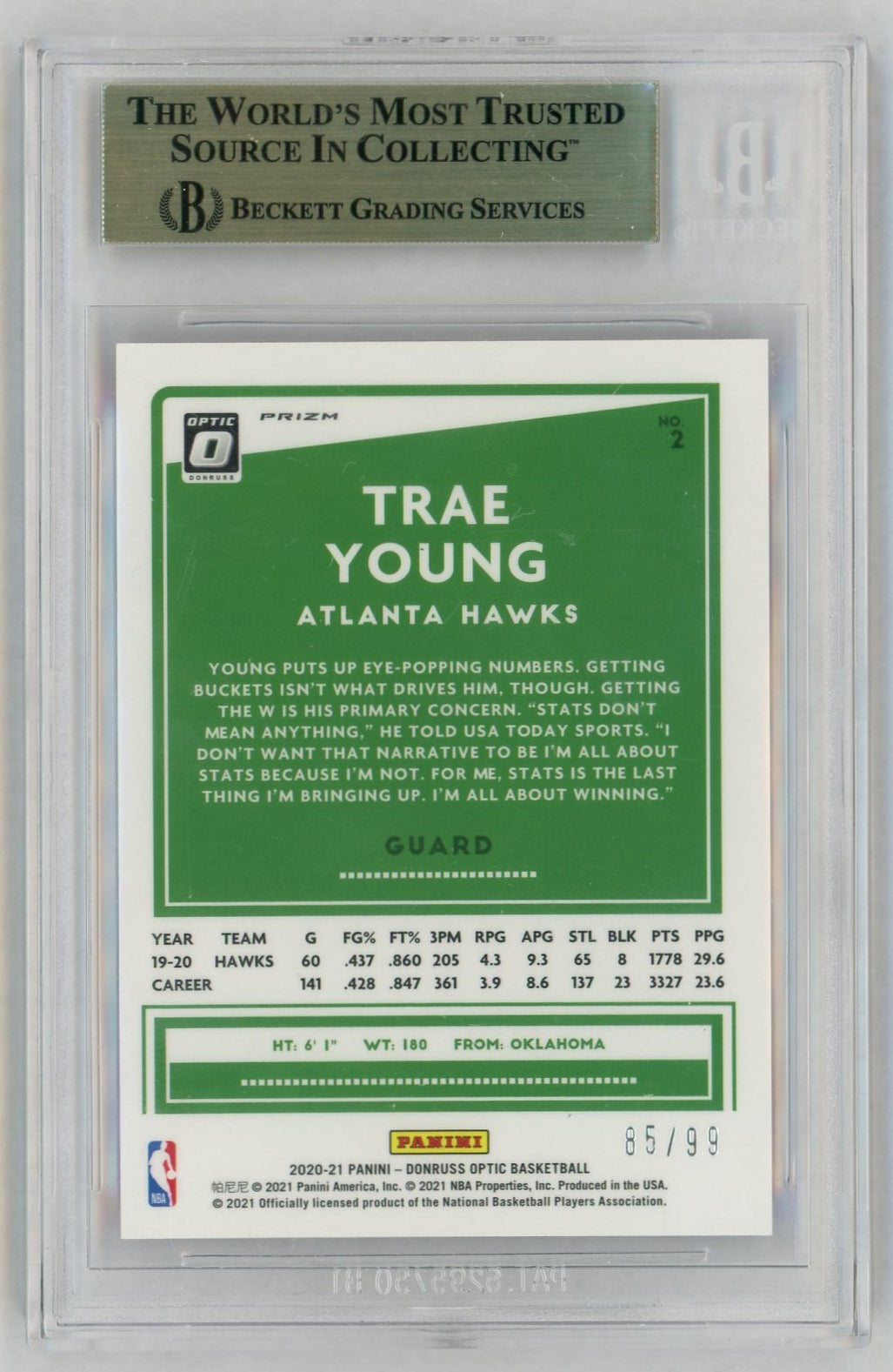 2020-21 Donruss Optic #2 Trae Young Red /99 BGS 9.5