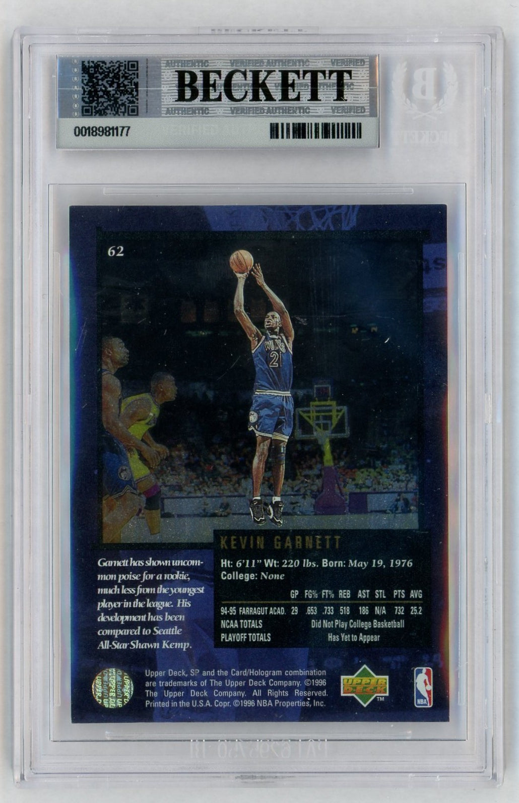 1995-96 SP Championship #62 Kevin Garnett Rookie RC BGS 7.5
