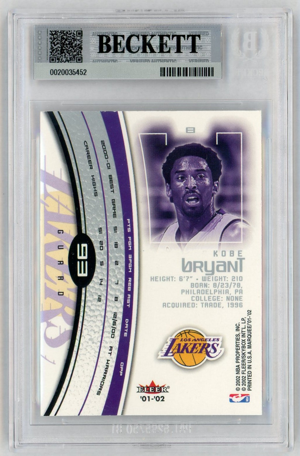 2001-02 Fleer Marquee #93 Kobe Bryant BGS 8