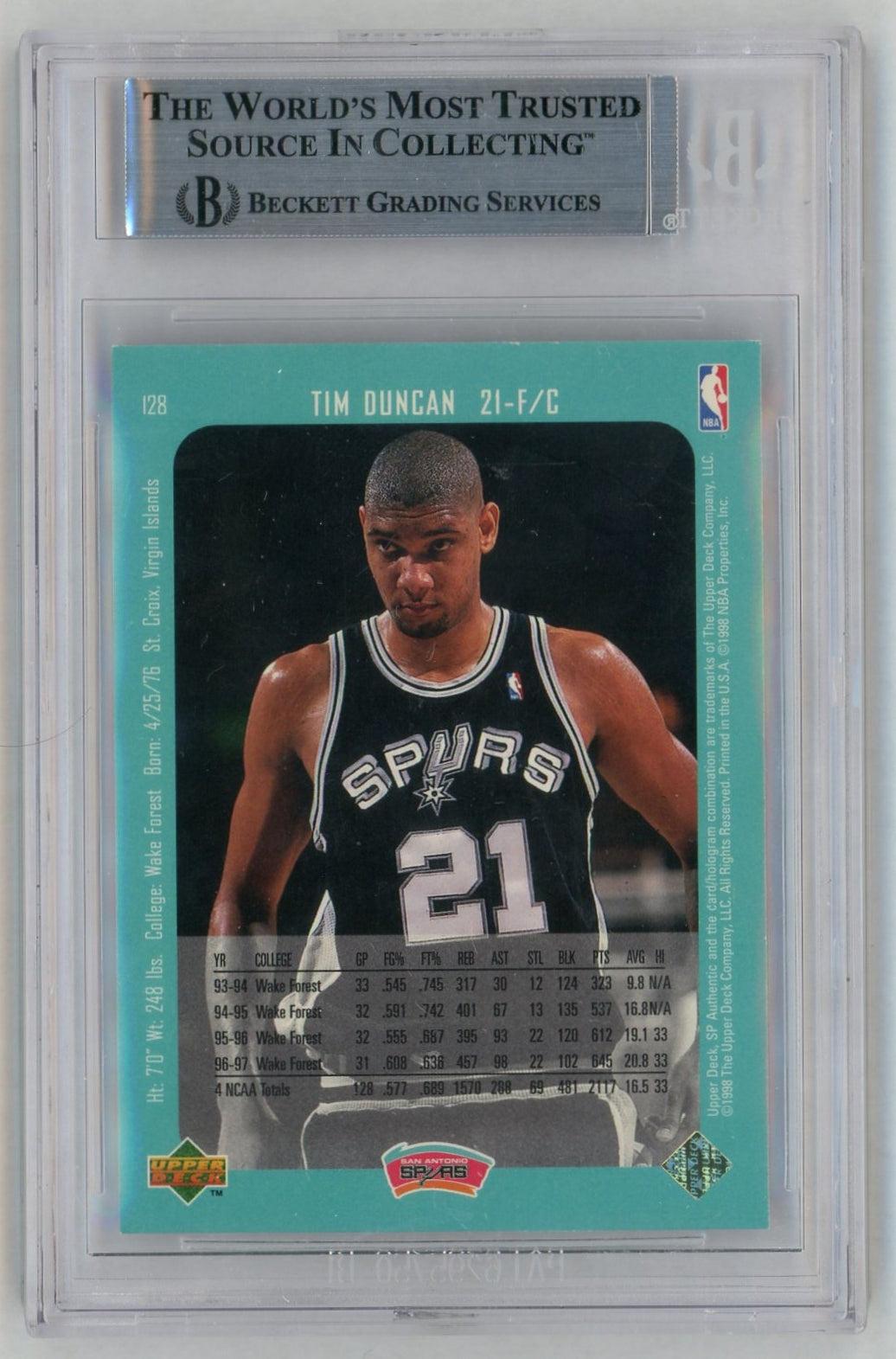 1997 SP Authentic #128 Tim Duncan Rookie RC BGS 7.5