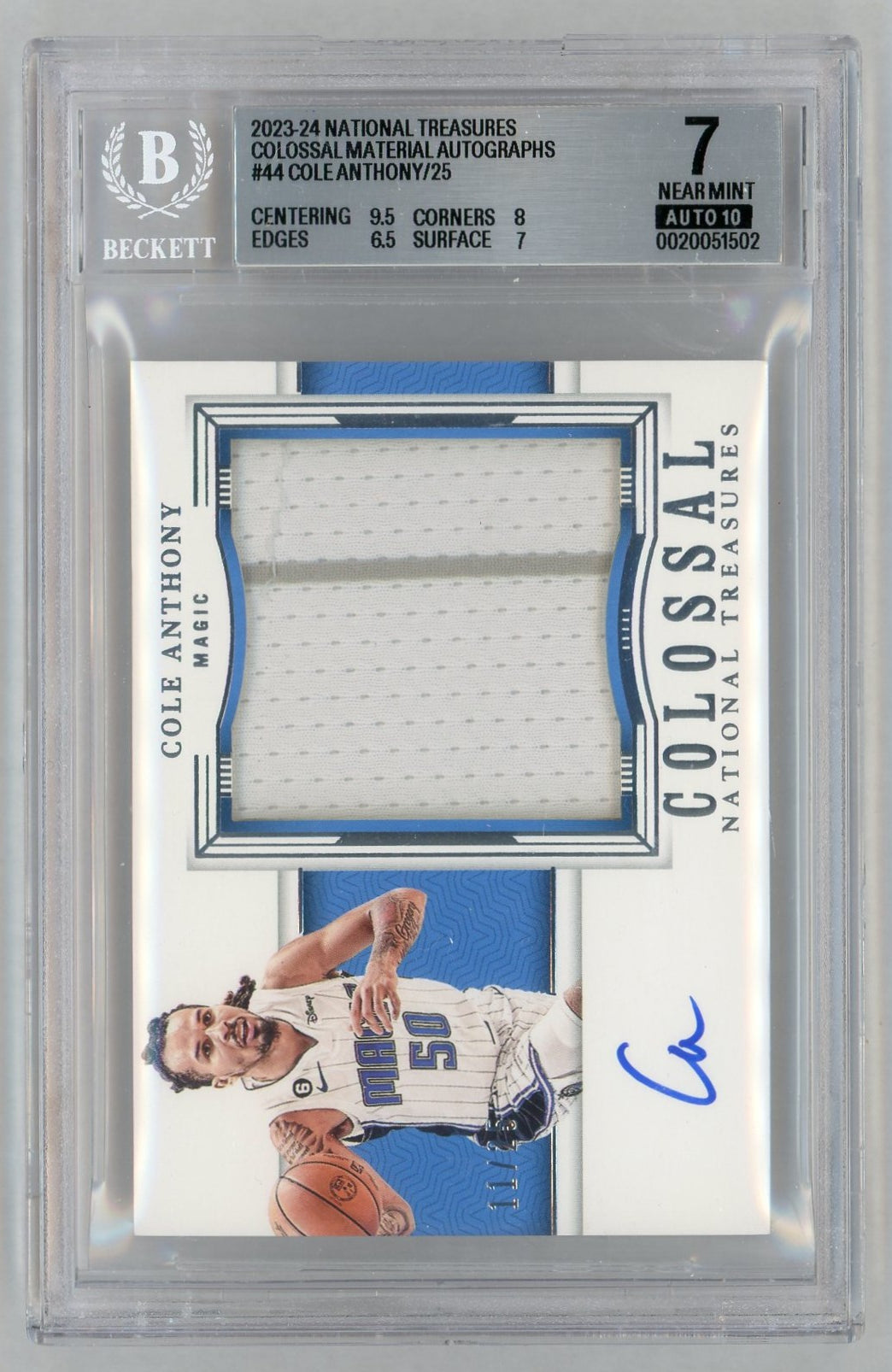 2023 Panini National Treasures Colossal Material Autographs Cole Anthony #44 /25 BGS 7