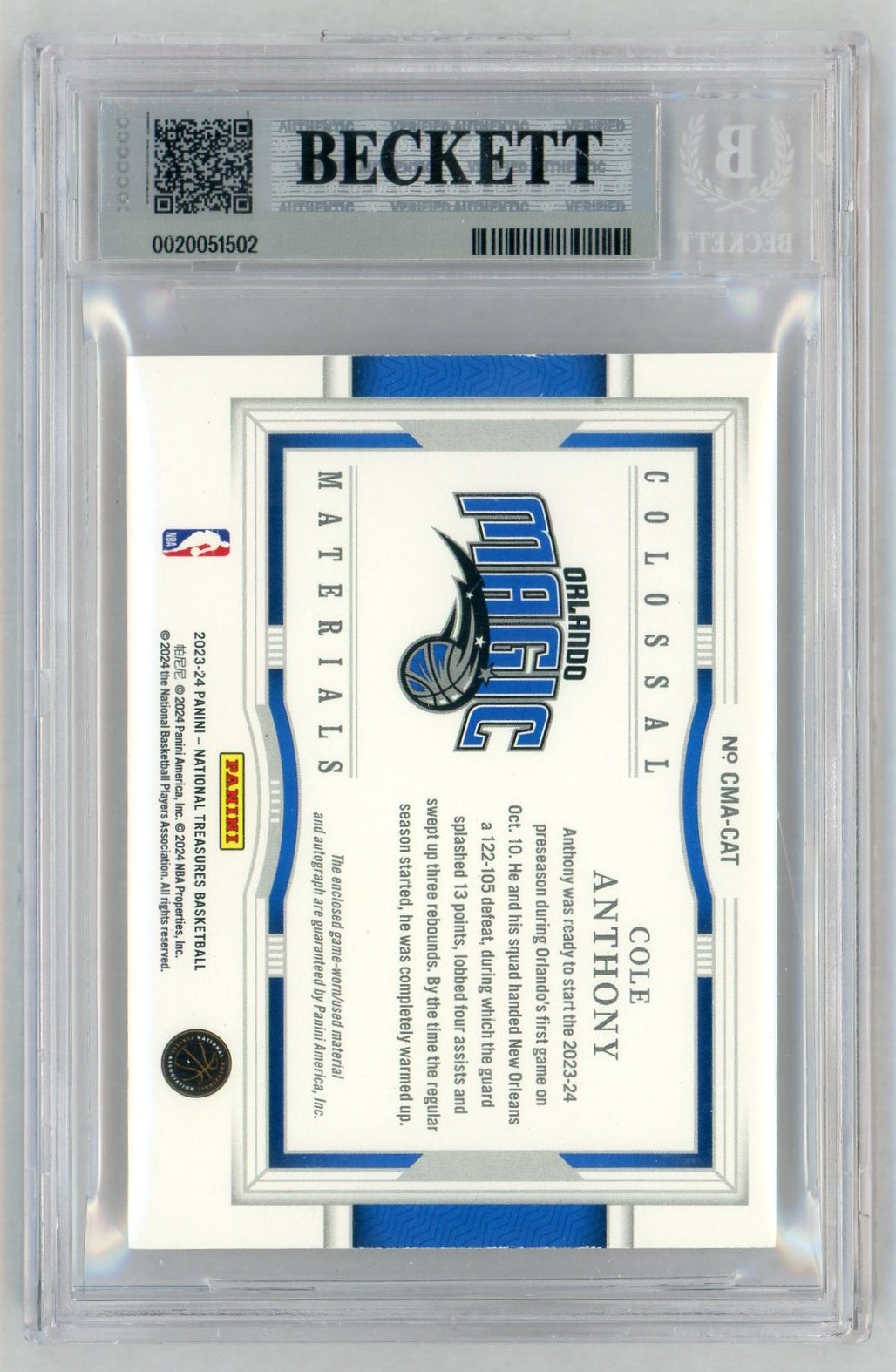 2023 Panini National Treasures Colossal Material Autographs Cole Anthony #44 /25 BGS 7