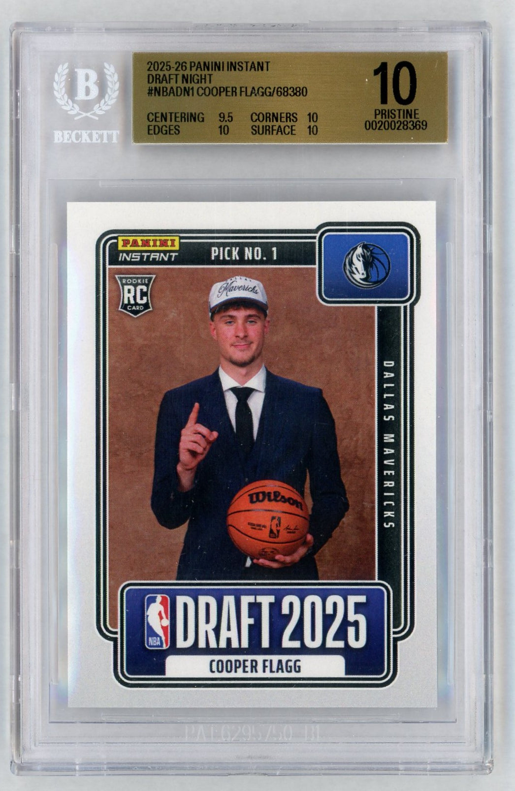 2025 Panini Instant #NBADN-1 Cooper Flagg Draft Night Rookie RC /68380 BGS Pristine 10