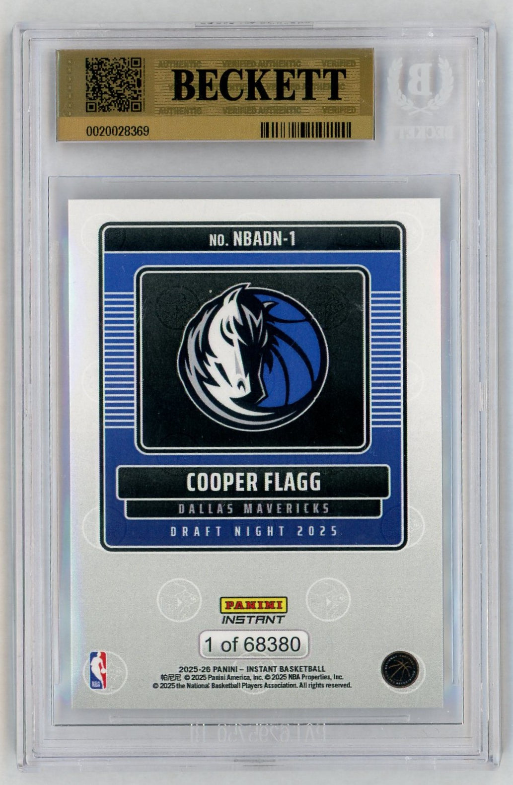 2025 Panini Instant #NBADN-1 Cooper Flagg Draft Night Rookie RC /68380 BGS Pristine 10