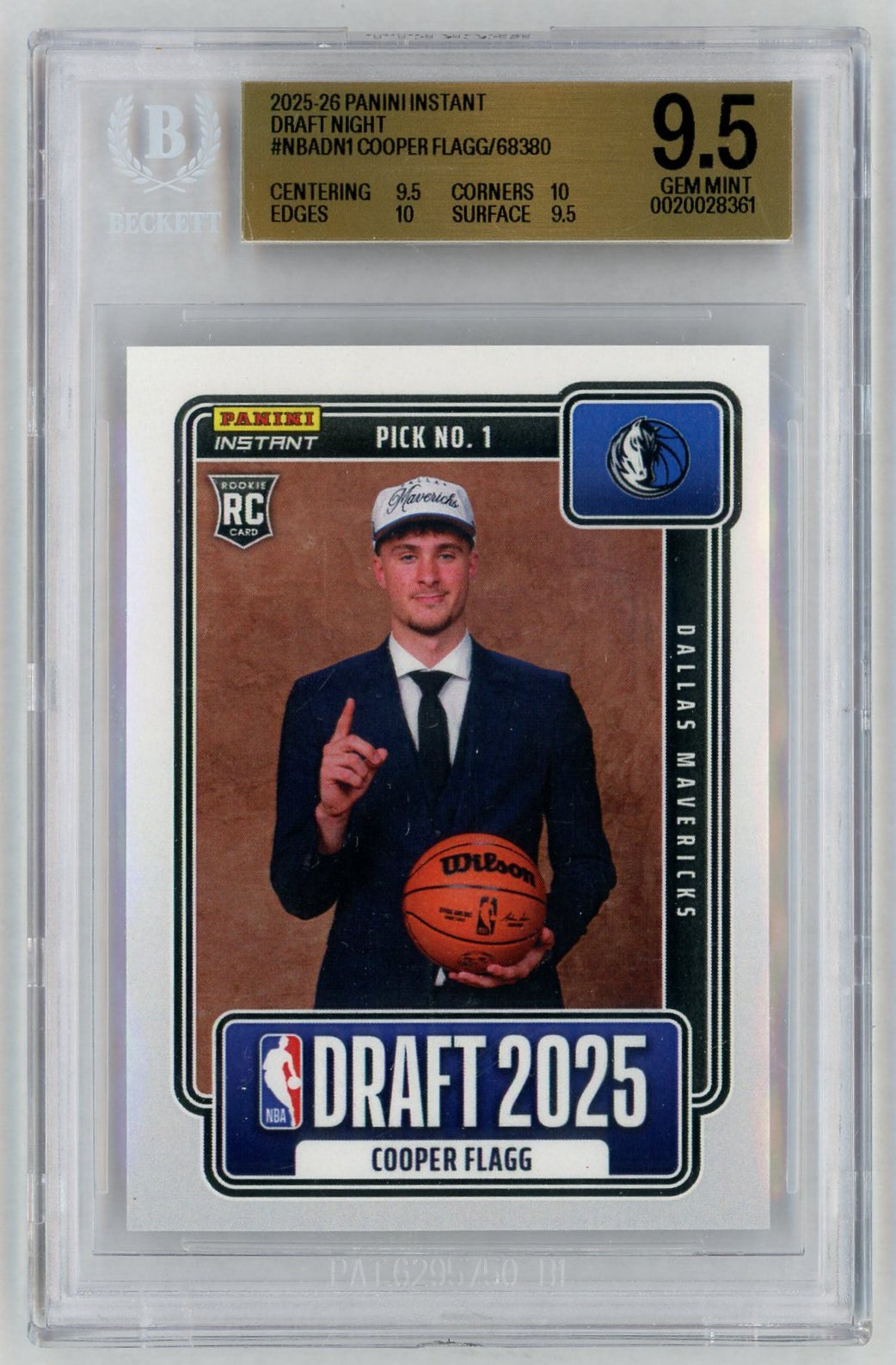 2025 Panini Instant #NBADN-1 Cooper Flagg Draft Night Rookie RC /68380 BGS 9.5