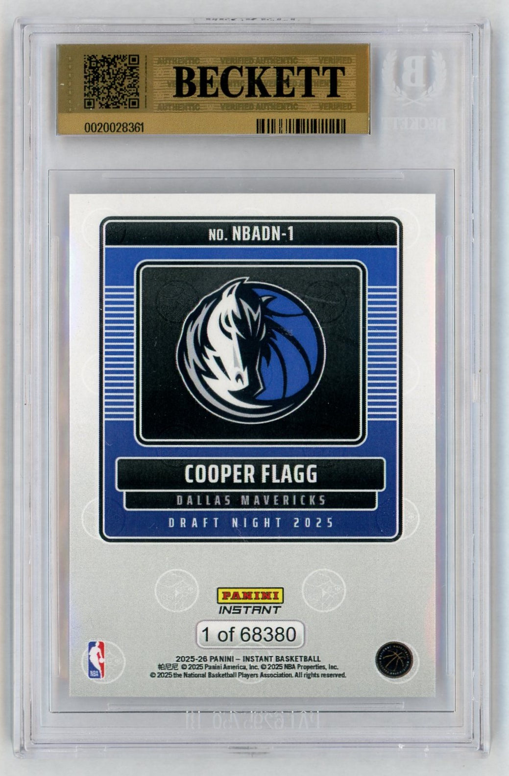 2025 Panini Instant #NBADN-1 Cooper Flagg Draft Night Rookie RC /68380 BGS 9.5