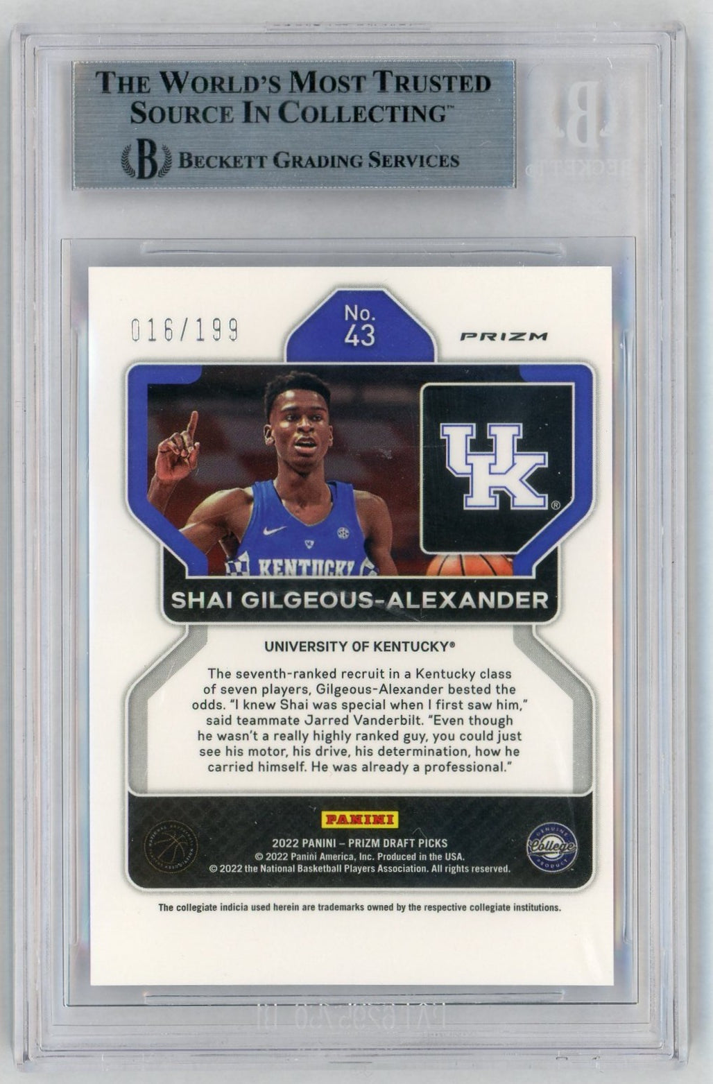 2022 Prizm Draft Picks #43 Shai Gilgeous-Alexander Blue /199 BGS 9