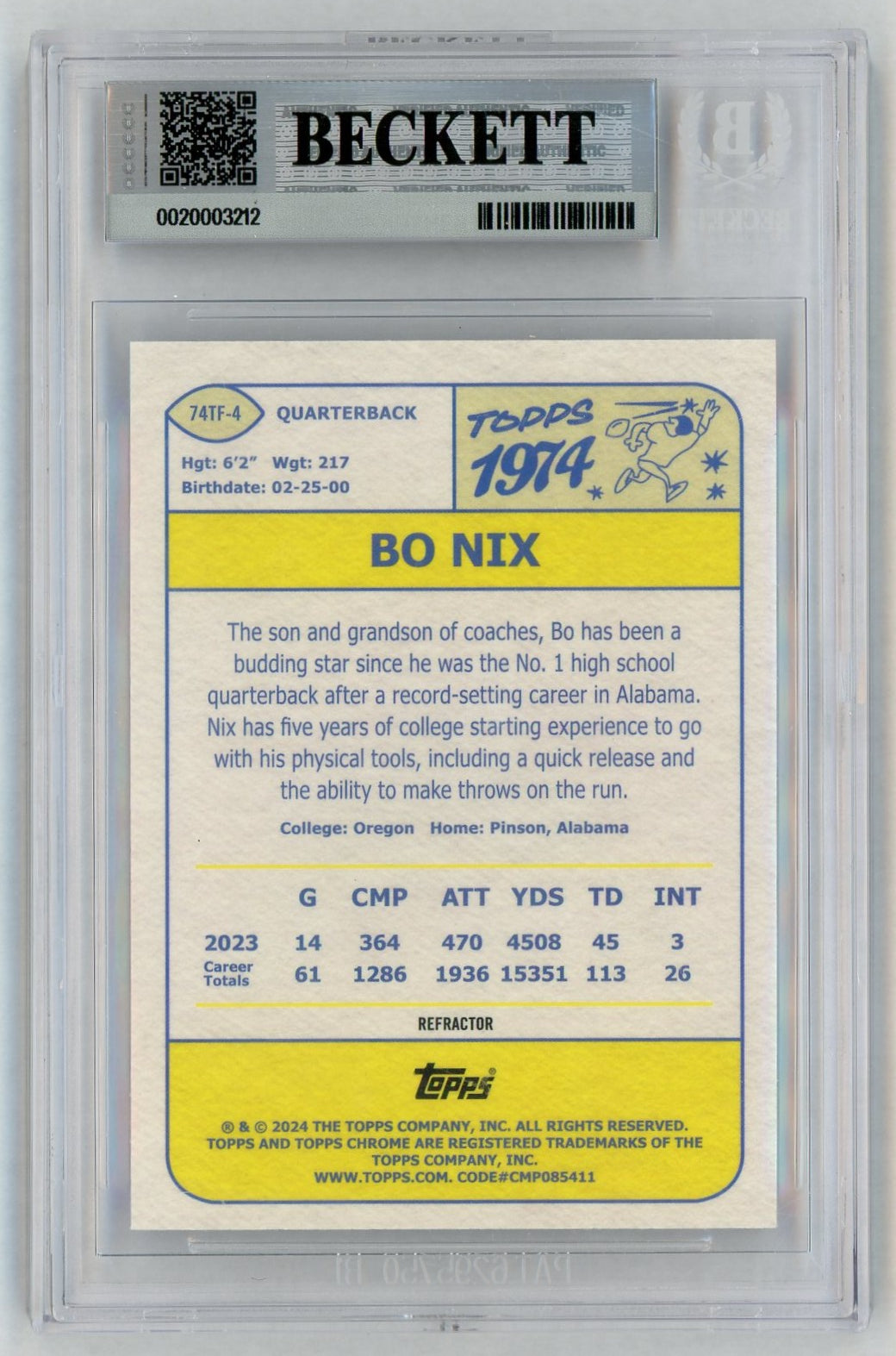 2024 Topps Chrome #74TF4 Bo Nix 1974 Rookie RC Refractor BGS 9