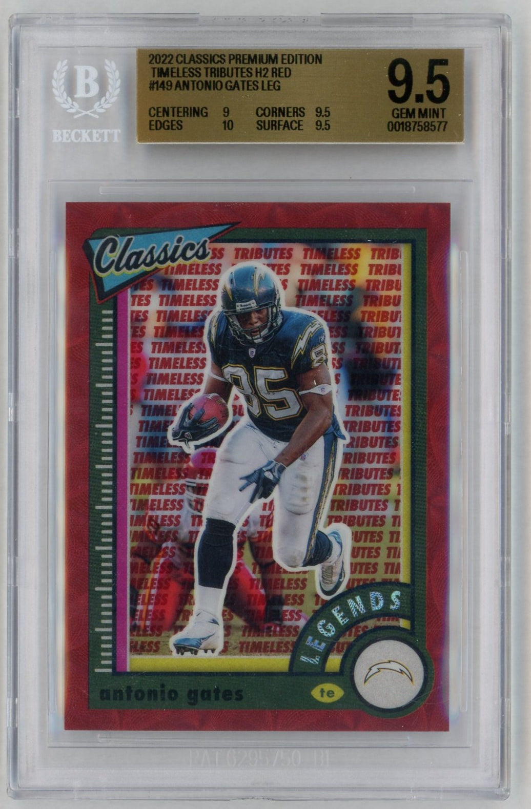 2022 Classics Premium Edition Timeless Tributes H2 Red Antonio Gates Leg #149 /35 BGS 9.5