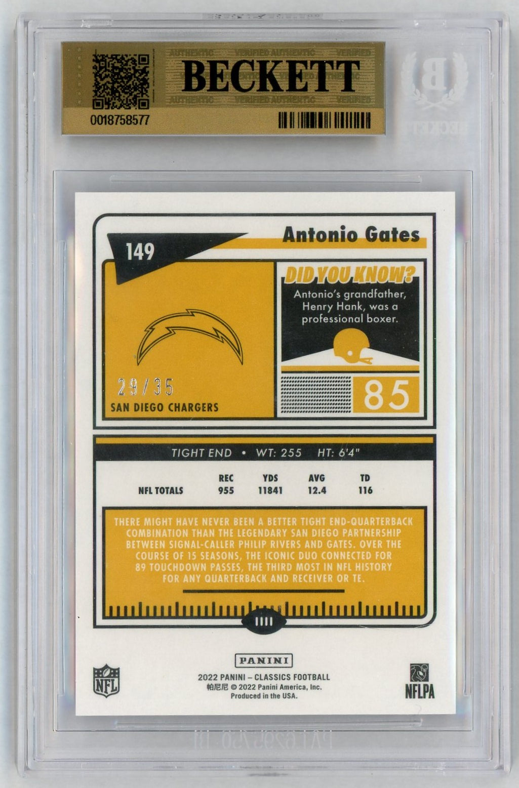 2022 Classics Premium Edition Timeless Tributes H2 Red Antonio Gates Leg #149 /35 BGS 9.5