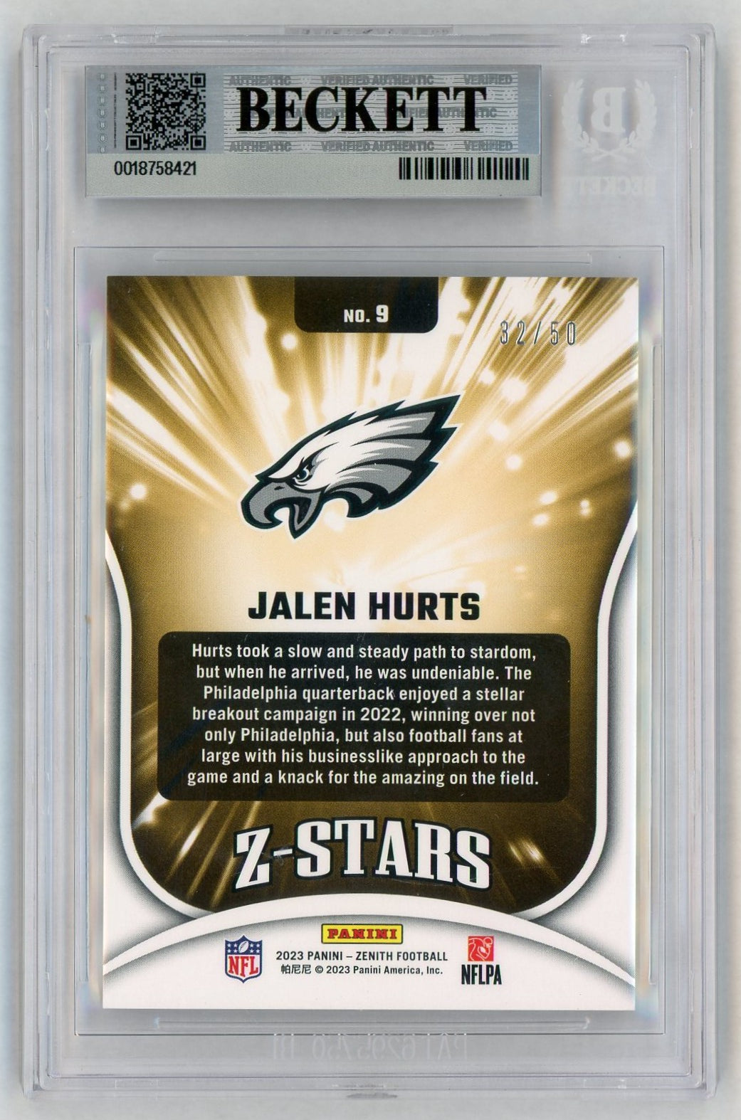 2023 Zenith #9 Jalen Hurts Copper Z-Stars /50 BGS 9