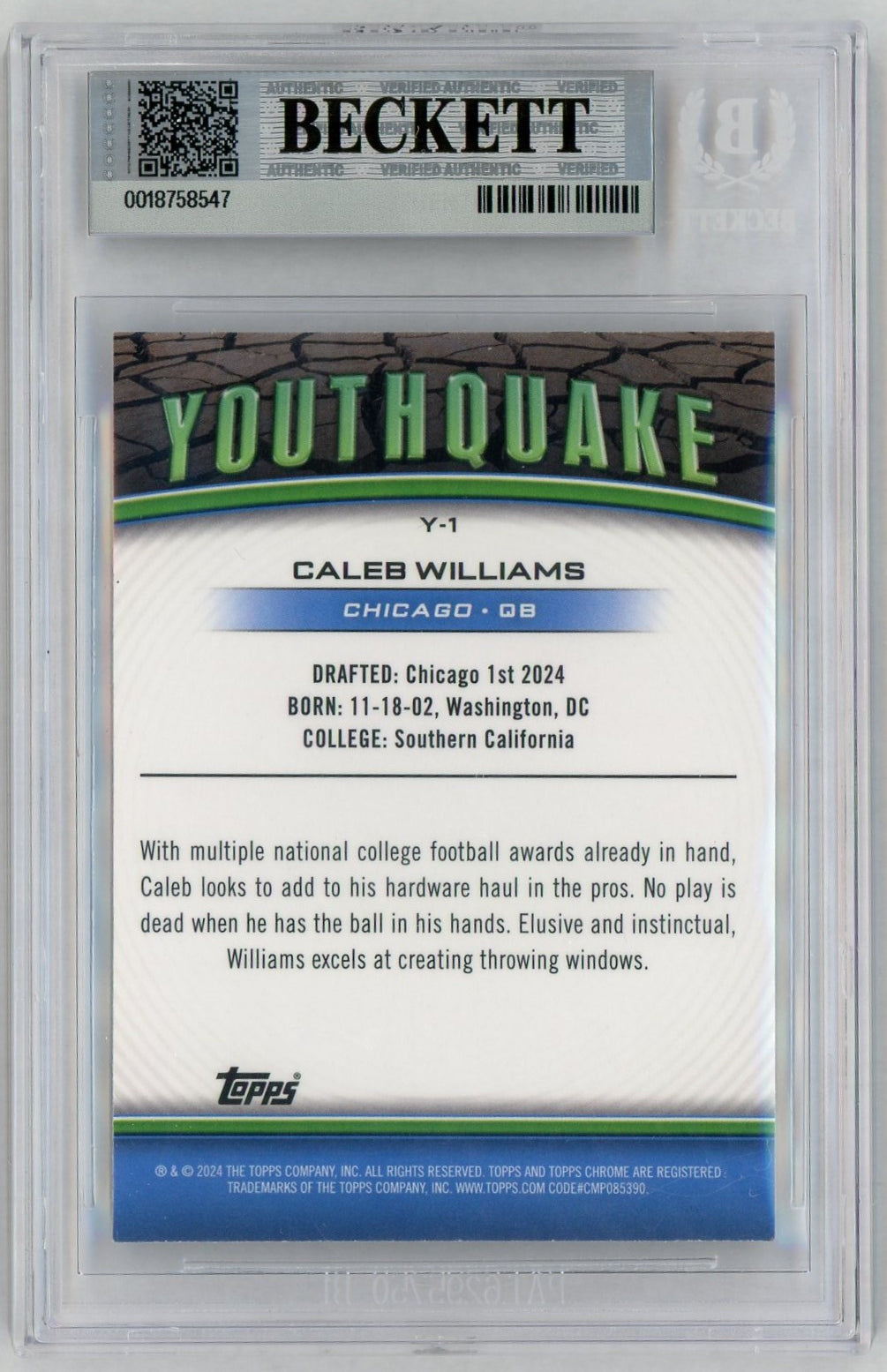2024 Topps Chrome #Y-1 Caleb Williams Rookie RC Youthquake XFractors BGS 8.5