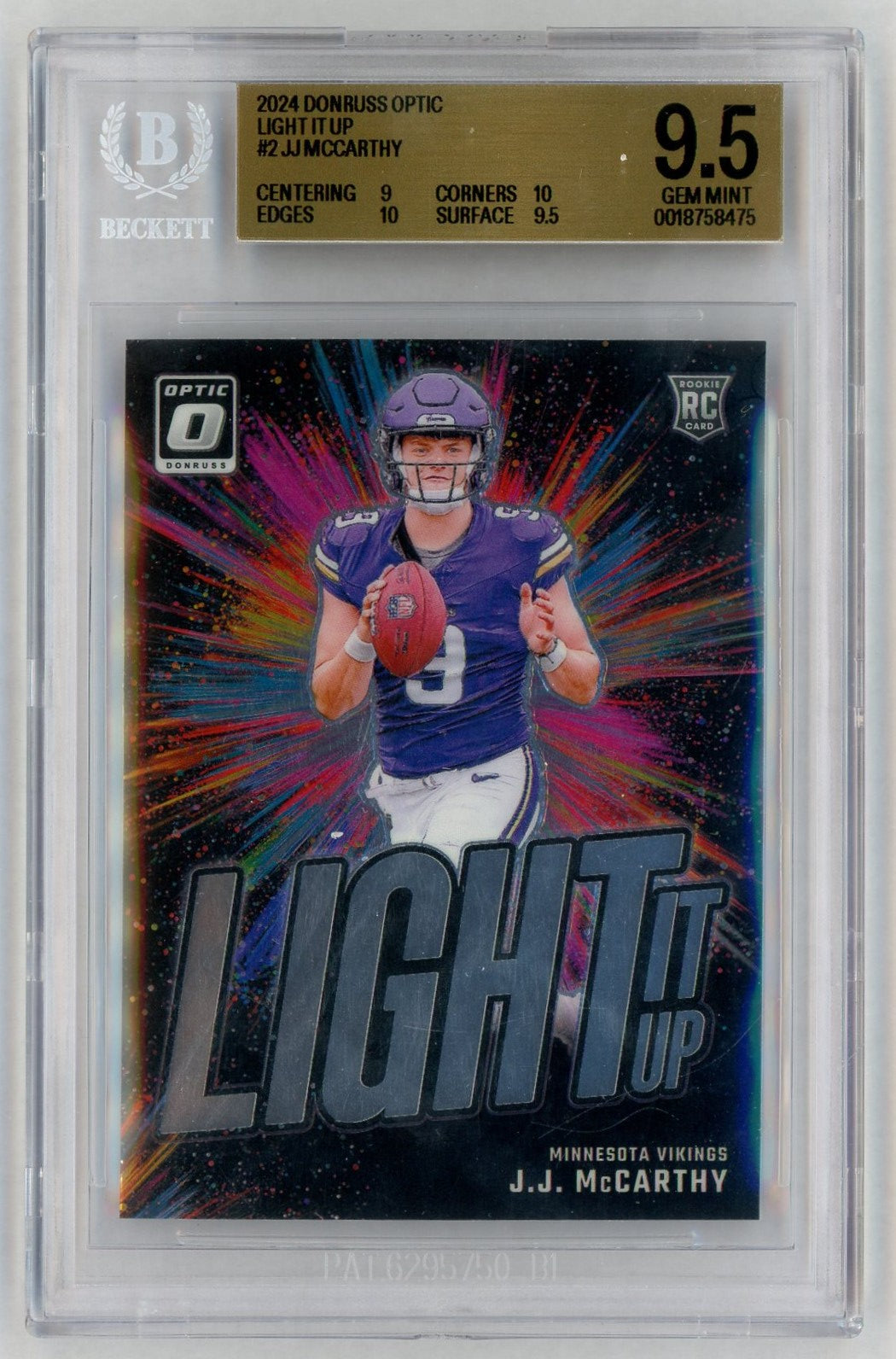 2024 Donruss Optic #2 J.J. McCarthy Light It Up Rookie RC BGS 9.5