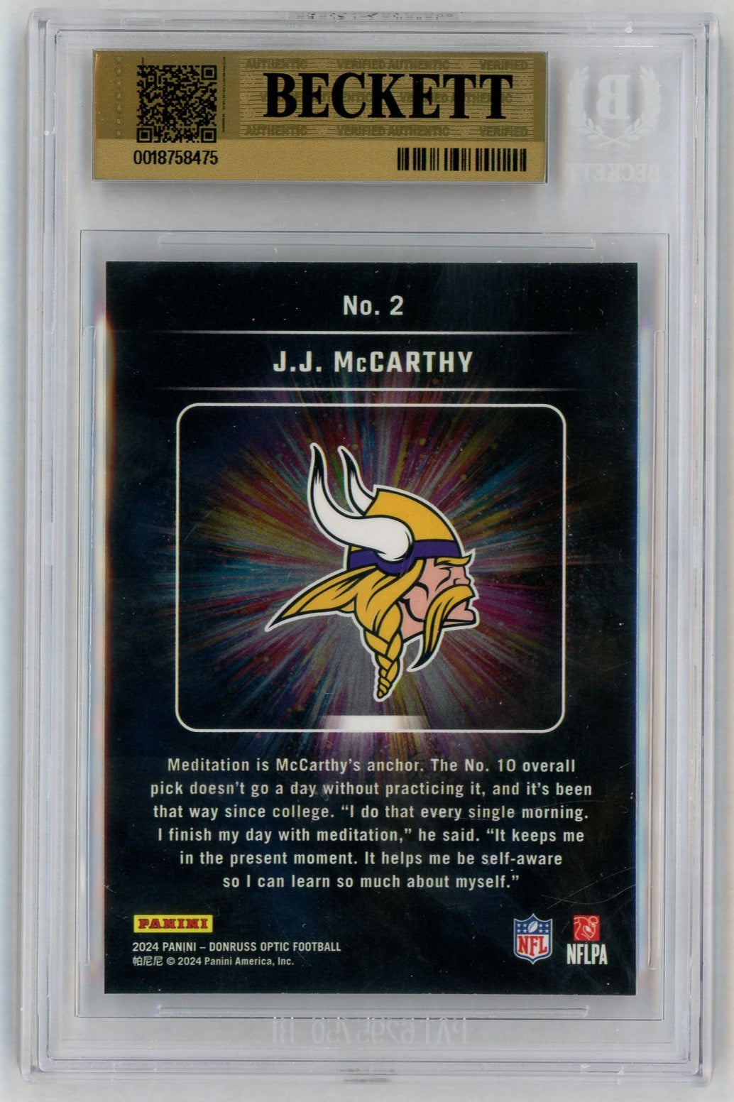 2024 Donruss Optic #2 J.J. McCarthy Light It Up Rookie RC BGS 9.5