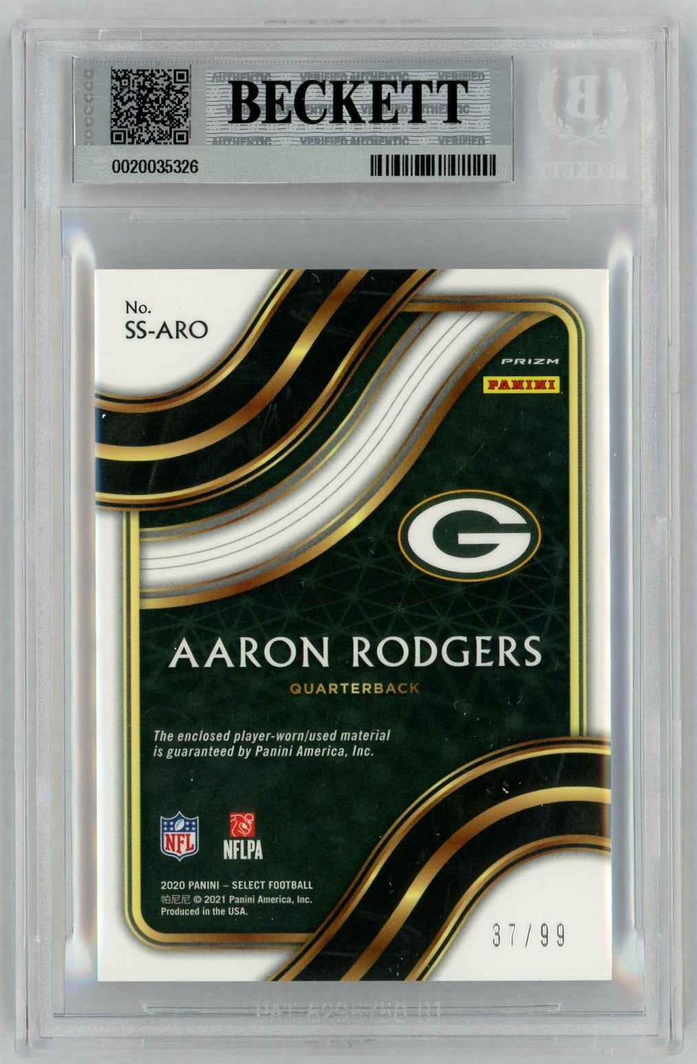 2020 Select #SS-ARO Aaron Rodgers Player-Worn Swatches Patch /99 BGS 8.5