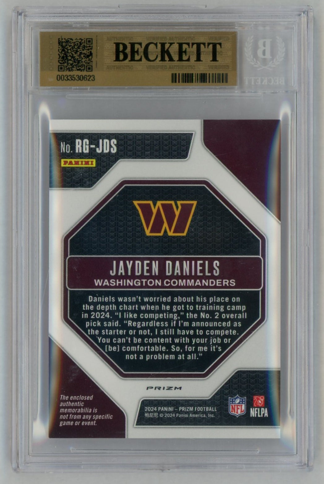 2024 Prizm #RG-JDS Jayden Daniels Pink Rookie Gear RC Patch BGS 9.5