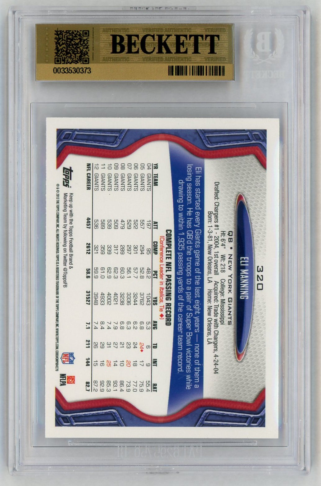 2013 Topps #320 Eli Manning BGS 9.5