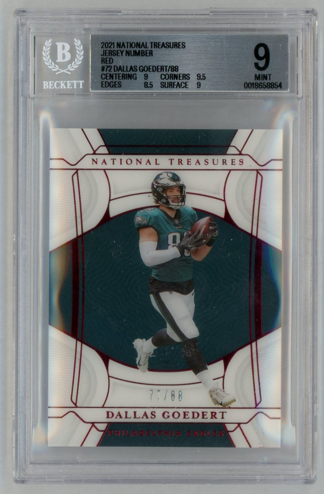 2021 Panini National Treasures Jersey Number Red Dallas Goedert #72 /88 BGS 9
