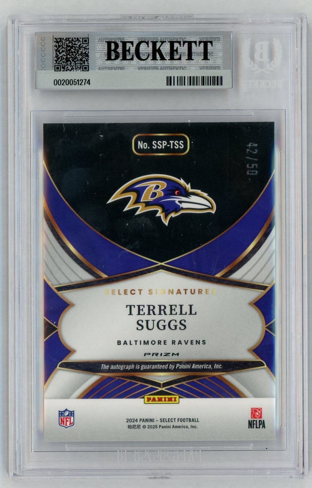 2024 Select #SSP-TSS Terrell Suggs White Signatures Auto /50 BGS 9