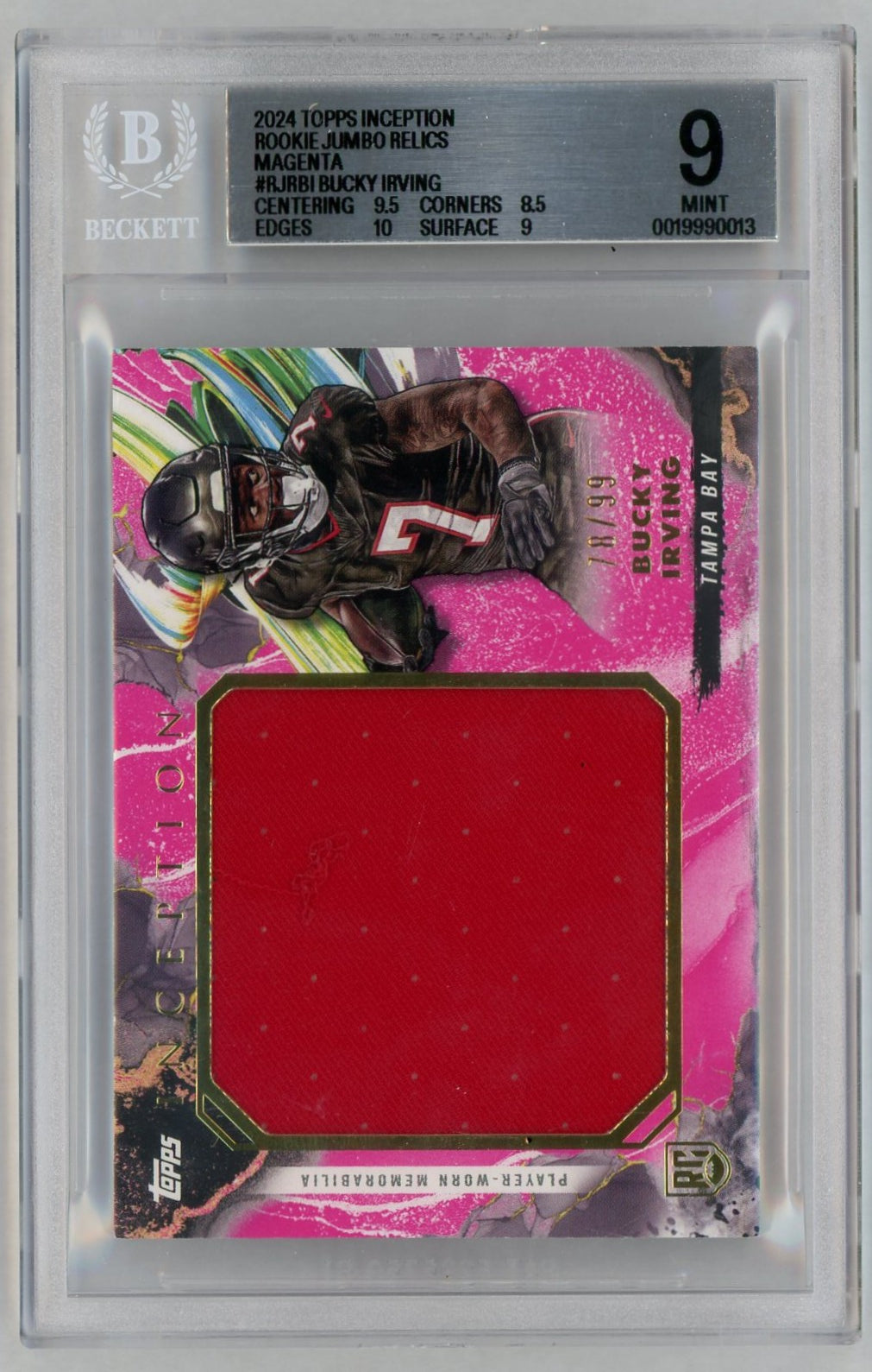 2024 Inception Bucky Irving Rookie RC Player-Worn Jumbo Relic Patch  Pink /99 BGS 9