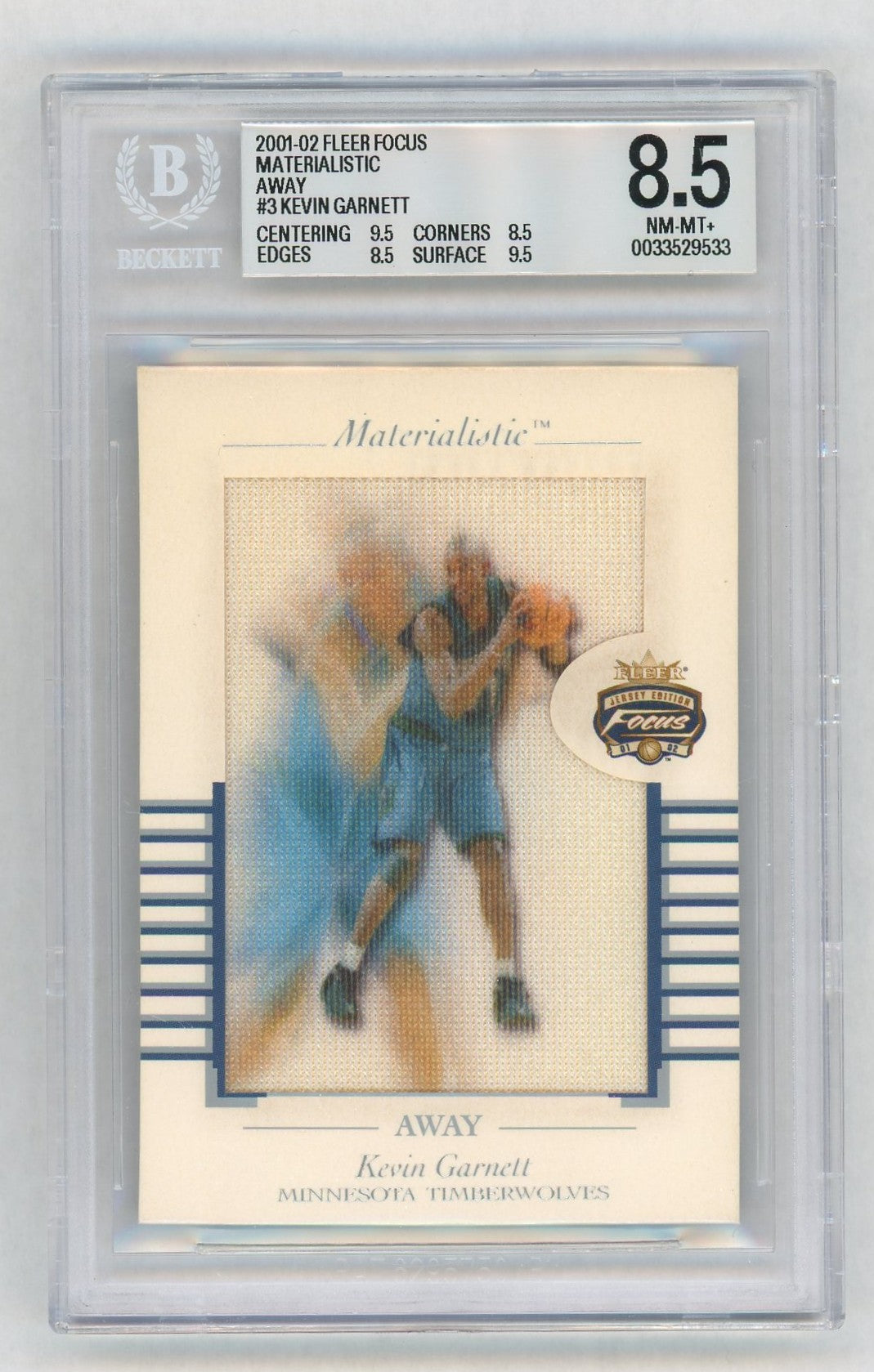 2001 Fleer Focus Materialistic Away Kevin Garnett #3 BGS 8.5