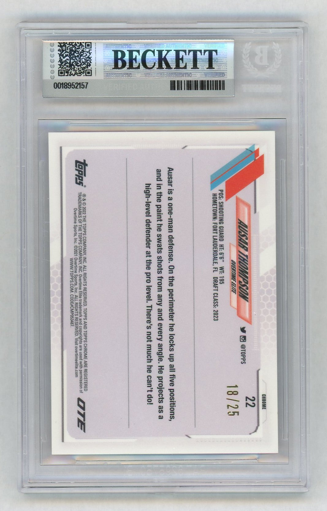 2021-22 Topps Chrome OTE #22 Ausar Thompson Rookie RC True Orange Refractor /25 BGS 8.5
