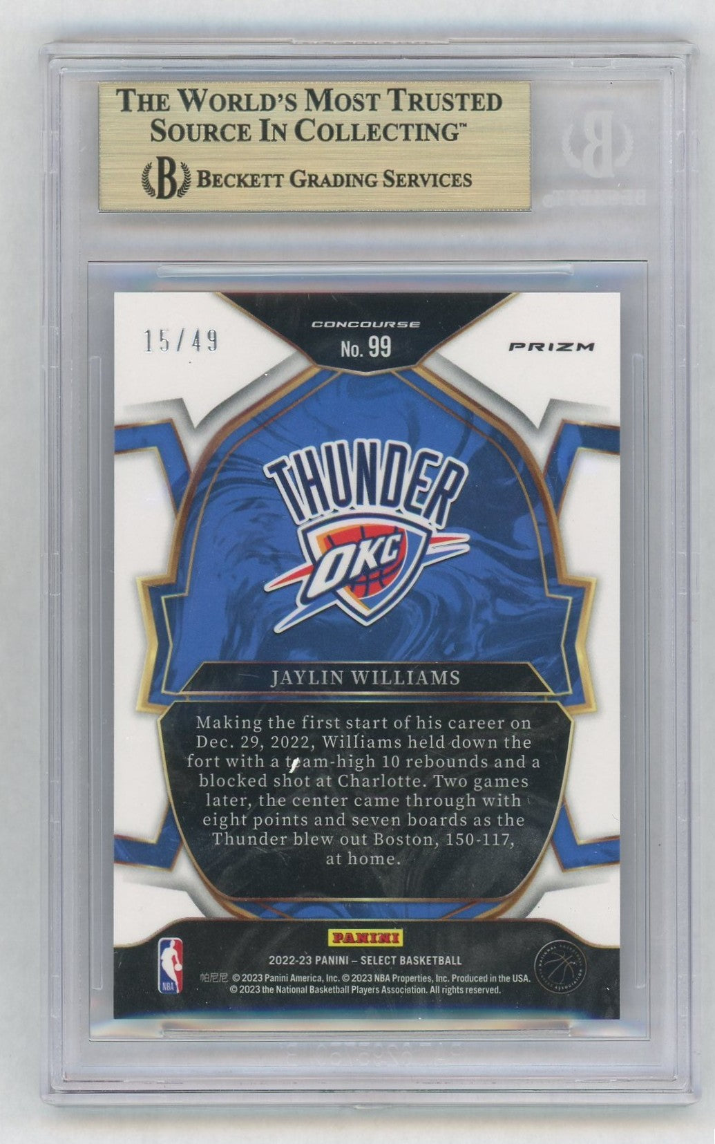 2022 Panini Select Plaid Copper Jaylin Williams #99 /49 BGS 9.5