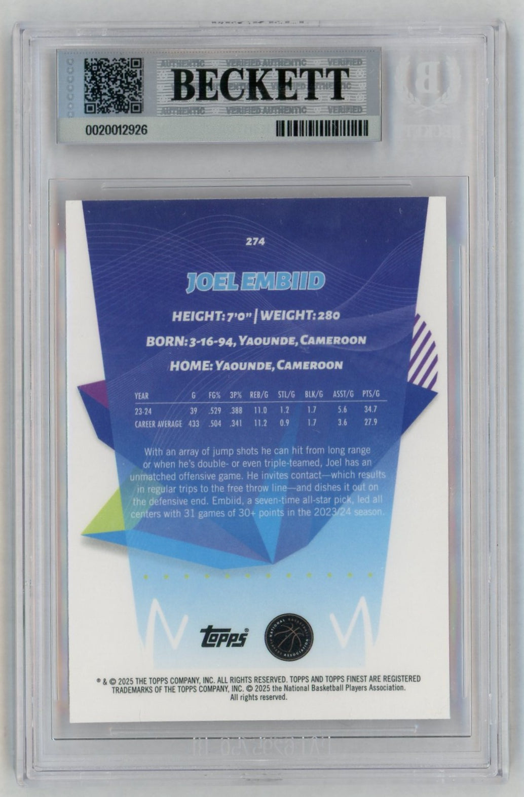 2024-25 Finest #274 Joel Embiid Orange X-Fractors /150 BGS 7.5