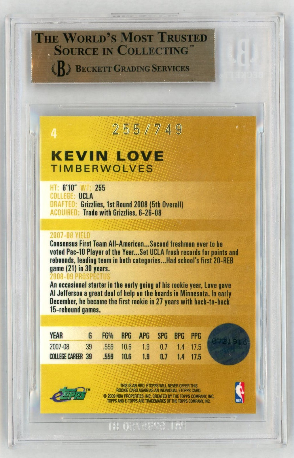 2008 eTopps #4 Kevin Love Rookie RC /749 BGS 9.5