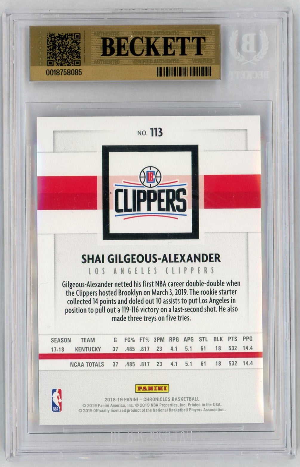 2018-19 Panini Chronicles #113 Shai Gilgeous-Alexander Rookie RC BGS 9.5