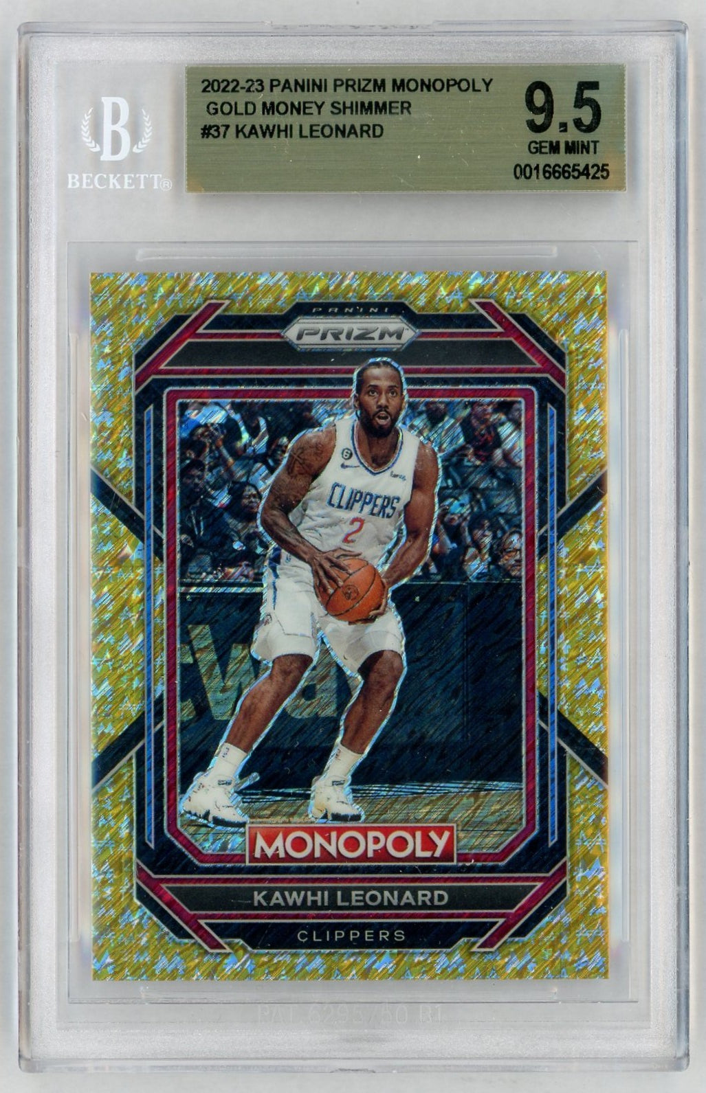 2022-23 Prizm Monopoly #37 Kawhi Leonard Gold Money Shimmer /500 BGS 9.5