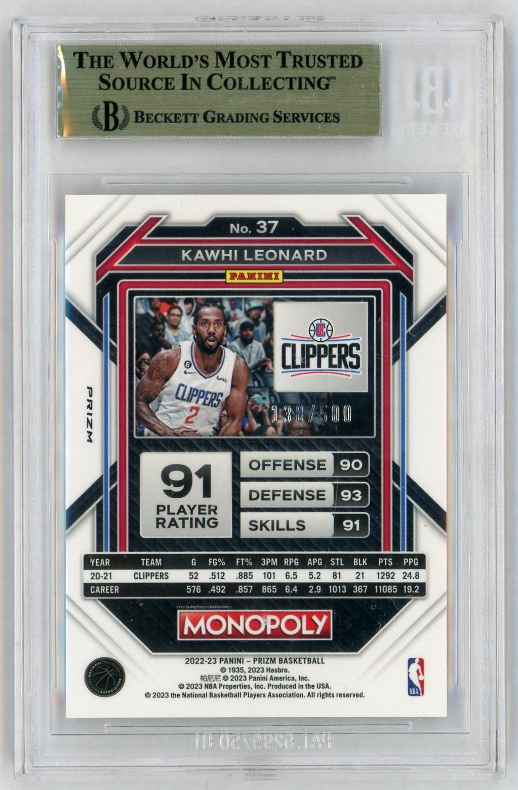 2022-23 Prizm Monopoly #37 Kawhi Leonard Gold Money Shimmer /500 BGS 9.5