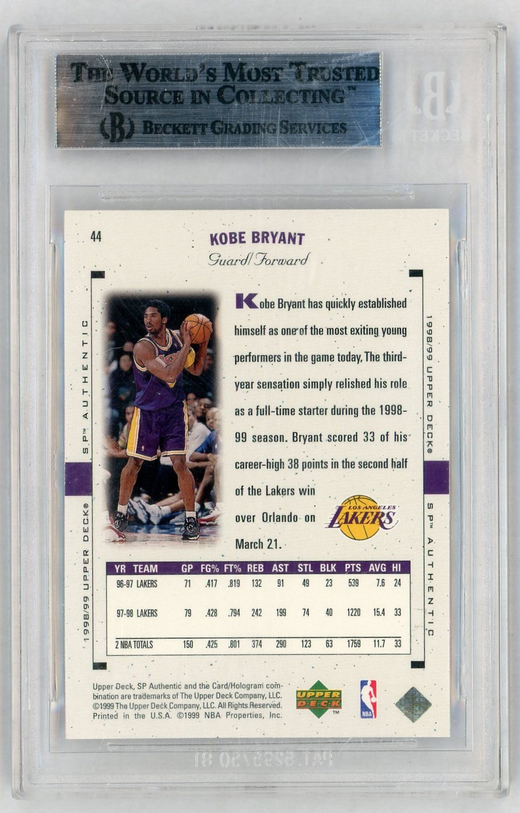 1998 SP Authentic #44 Kobe Bryant BGS 8.5