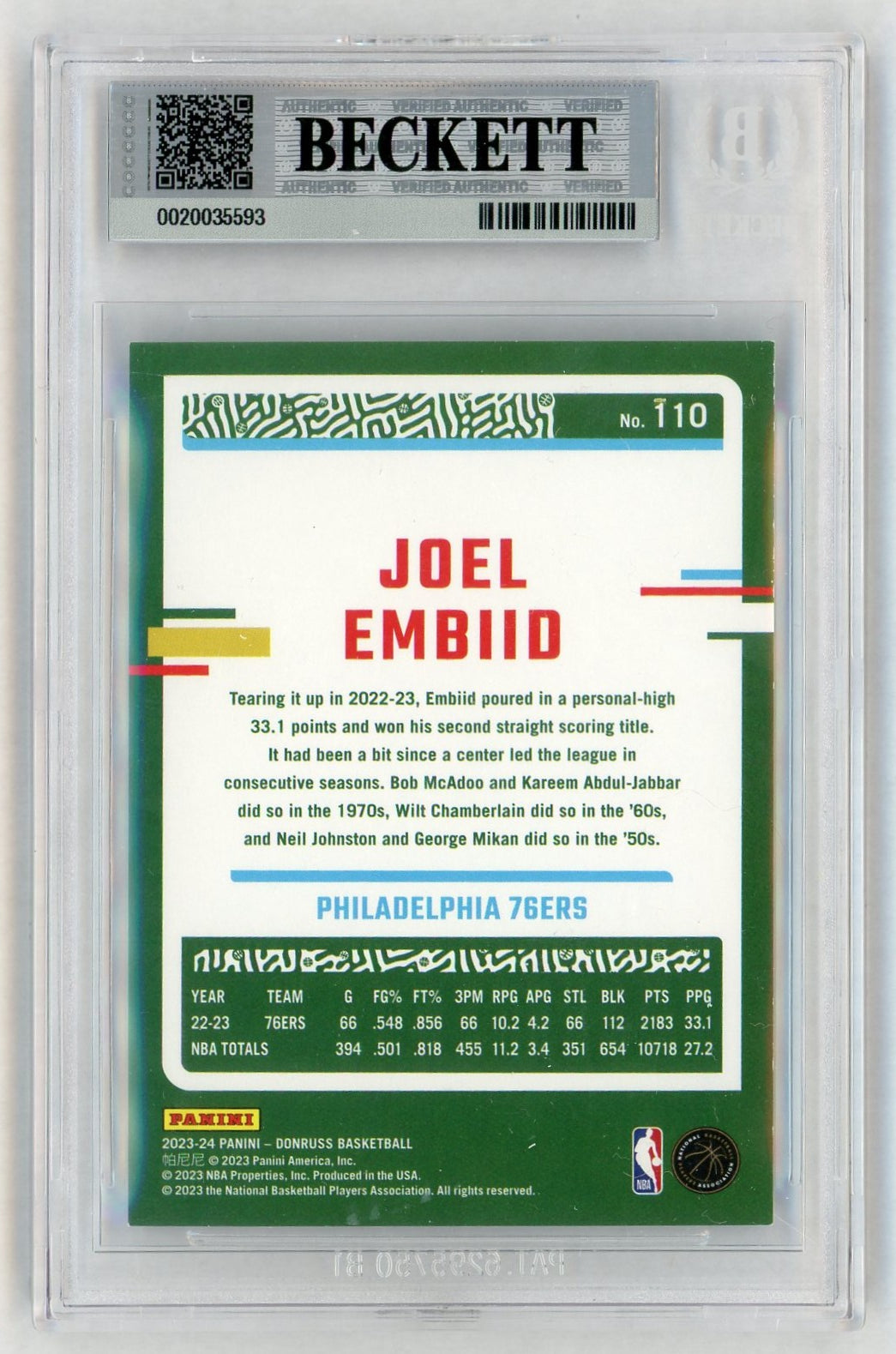 2023 Donruss #110 Joel Embiid Teal Holo Laser BGS 8