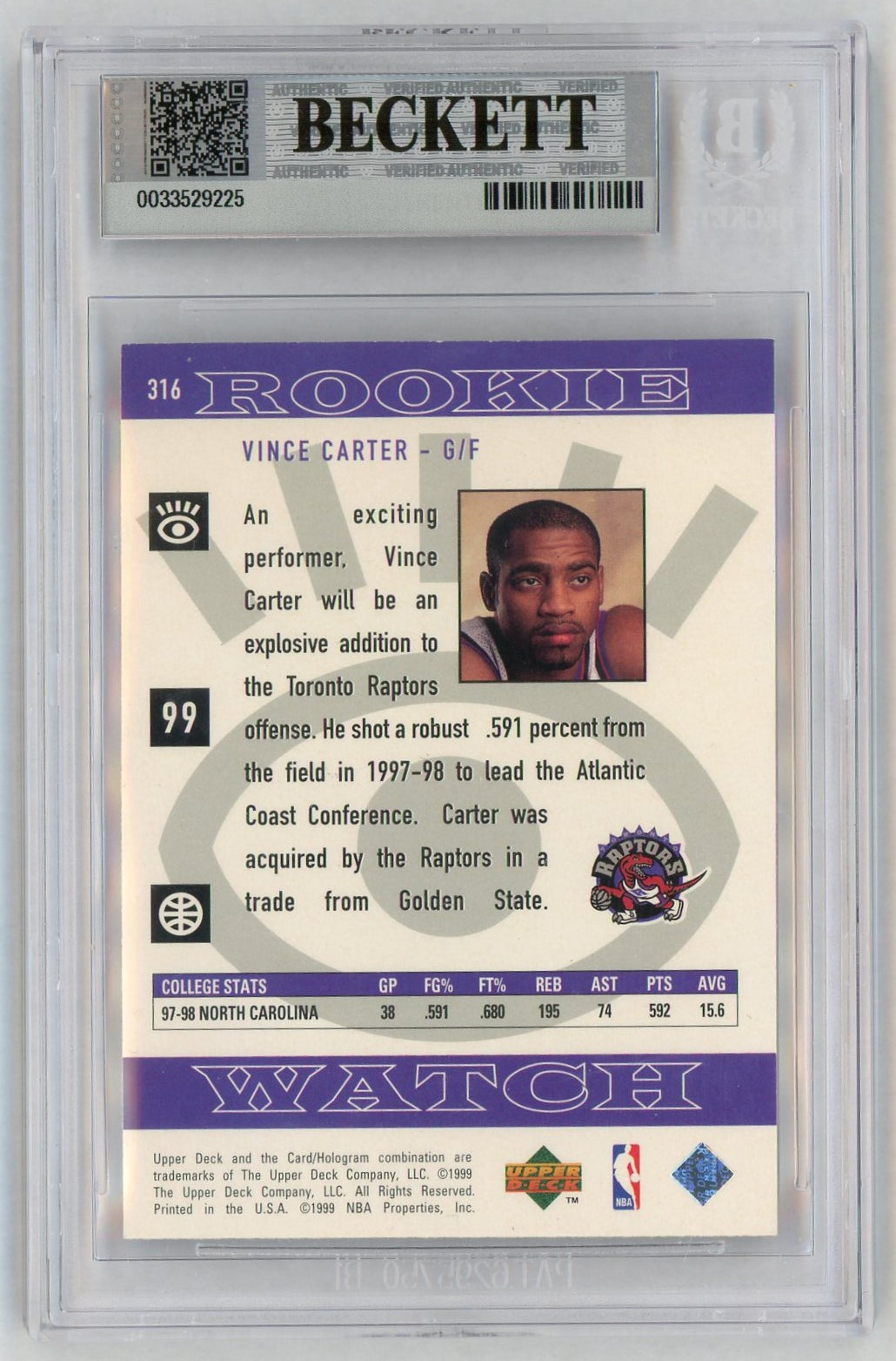 1998 Upper Deck #316 Vince Carter Rookie RC BGS 8.5