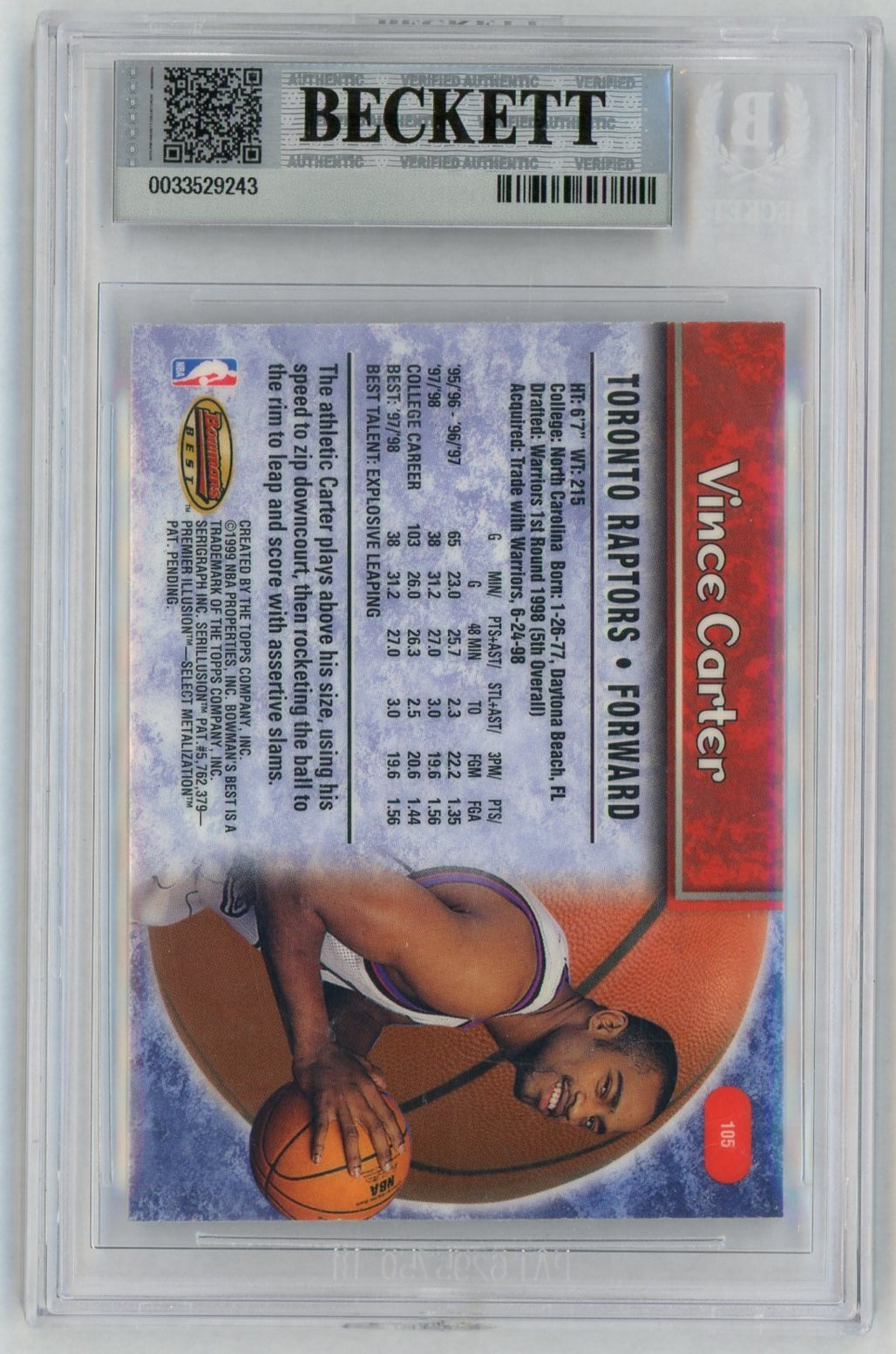 1998-99 Bowman's Best #105 Vince Carter Rookie RC BGS 8.5
