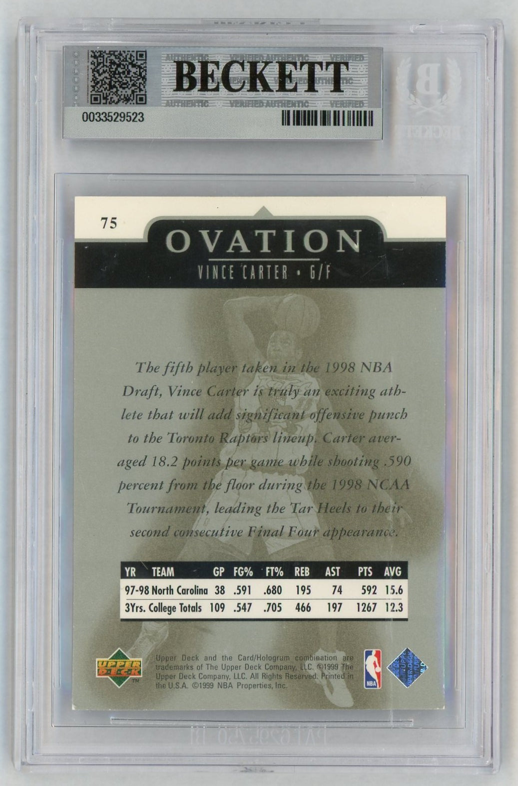 1998 Ovation #75 Vince Carter Rookie RC BGS 7